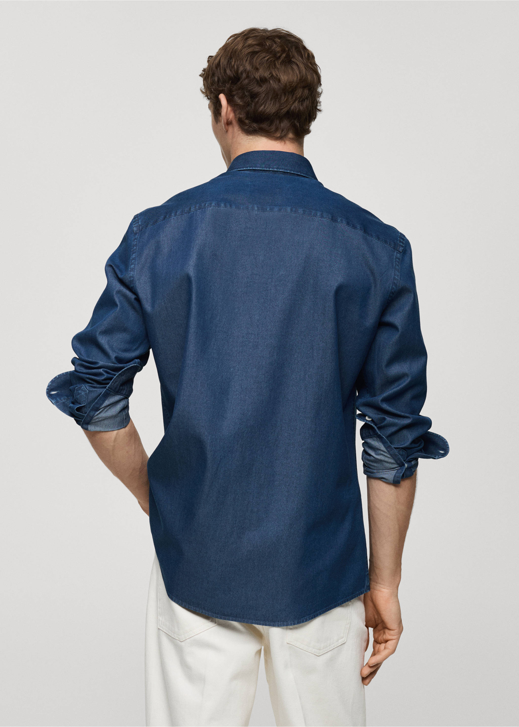 Slim fit cotton chambray shirt - Reverse of the article, Dark Blue. Ref: 87000608-00.
