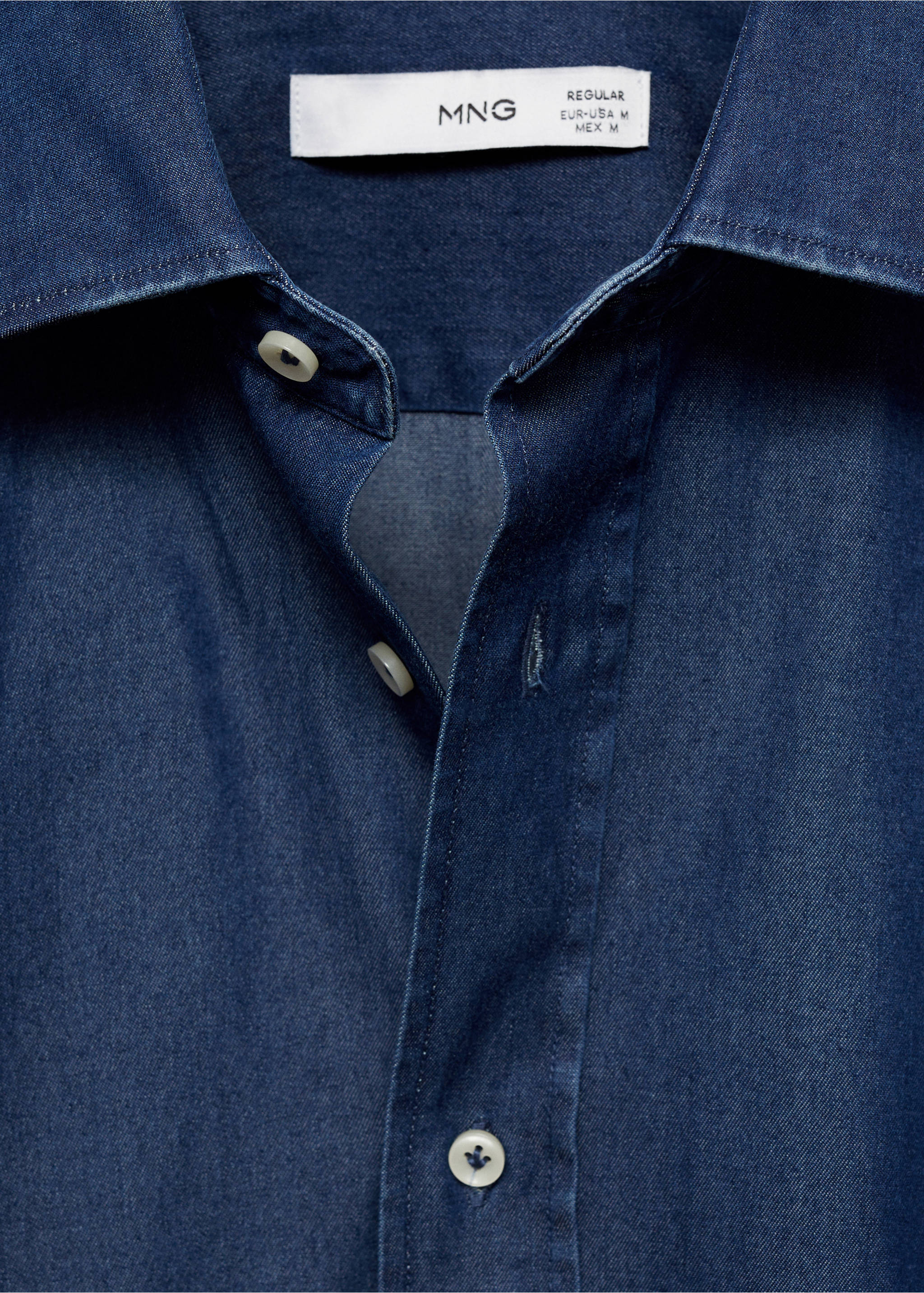 Slim fit cotton chambray shirt - Details of the article 8, Dark Blue. Ref: 87000608-00.