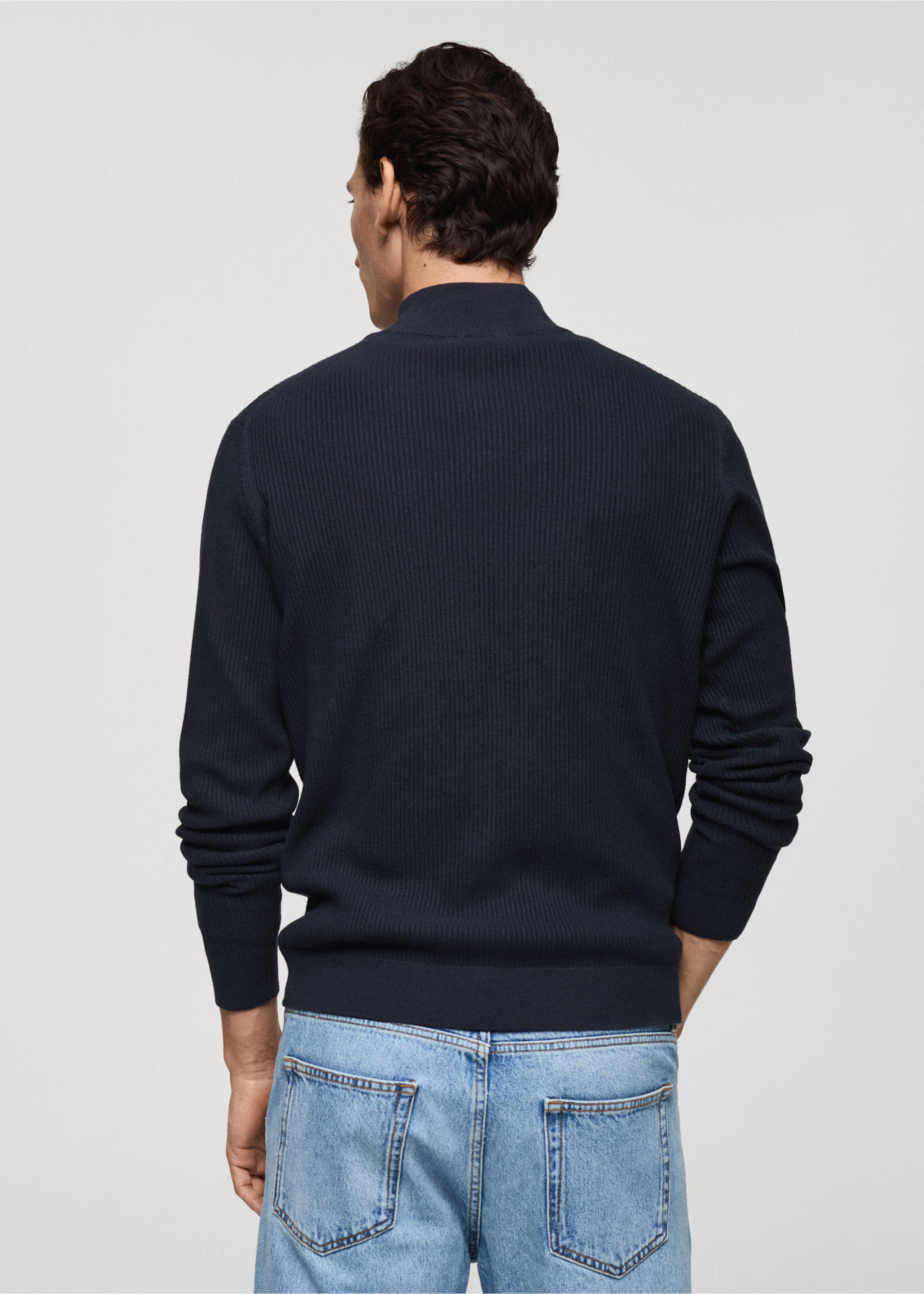 Navy blue ribbed jersey sweater shown from the back., Dark Navy. Ref: 87000611-00.