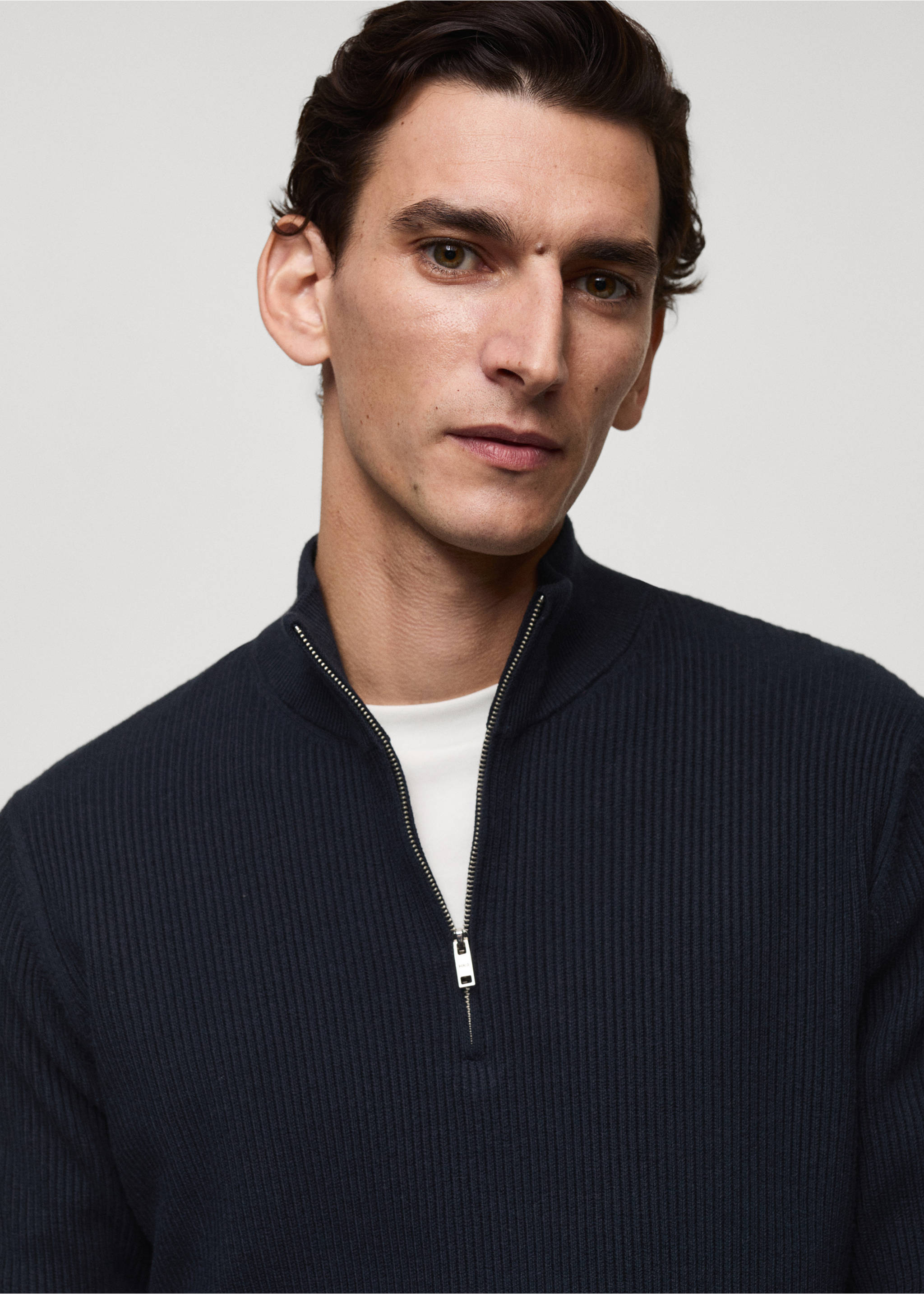 Navy blue ribbed knit jersey with a high zip-neck collar., Dark Navy. Ref: 87000611-00.