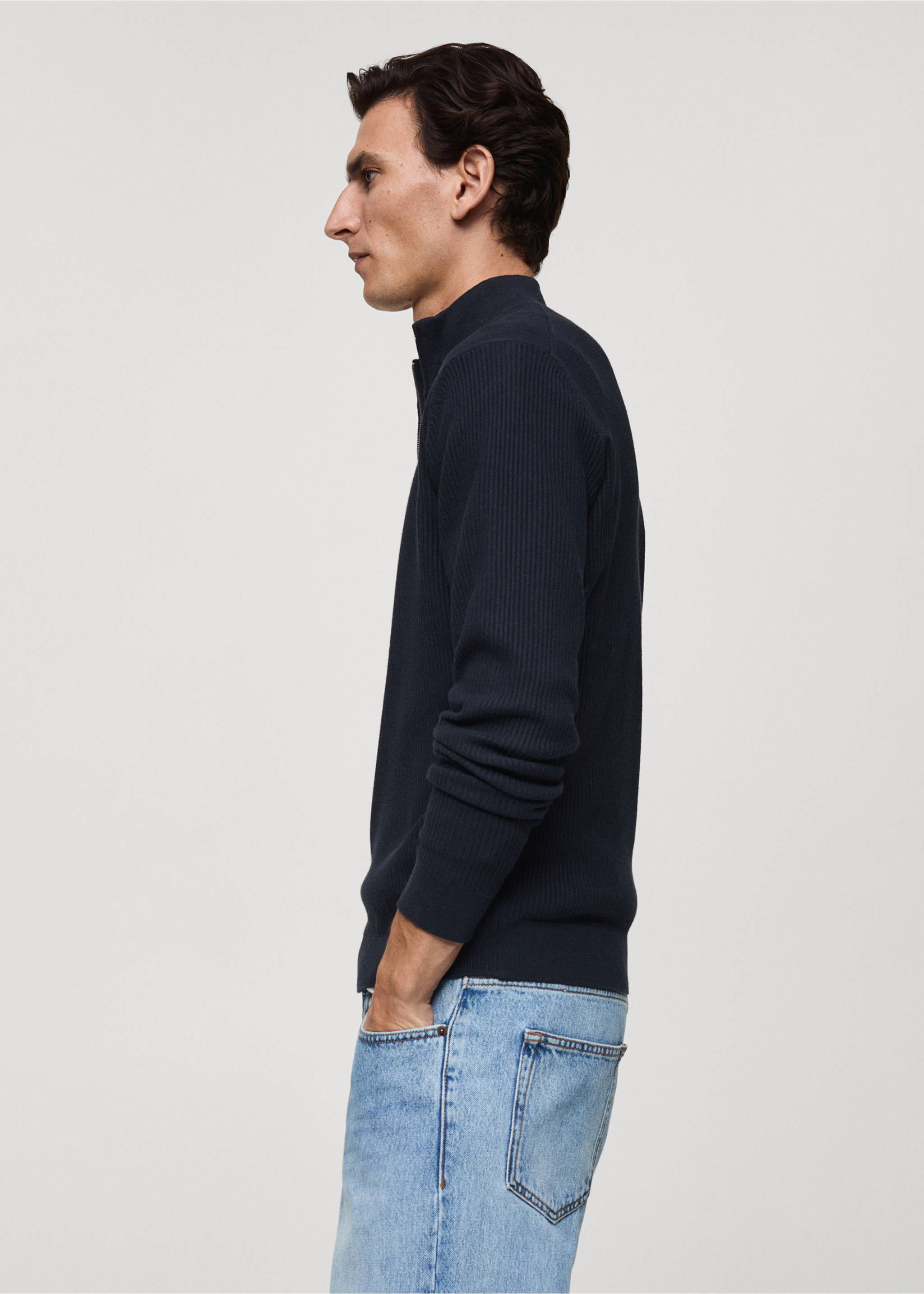 Navy blue ribbed knit jersey with a high collar and half-zip., Dark Navy. Ref: 87000611-00.