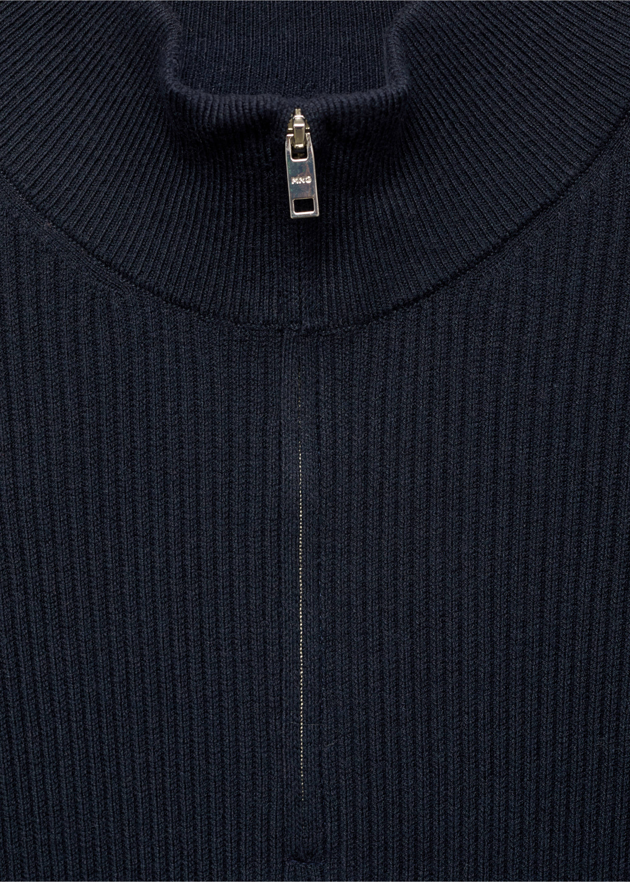 Close-up of a dark navy blue ribbed knit jersey featuring a funnel neck and a silver-toned quarter-zip., Dark Navy. Ref: 87000611-00.