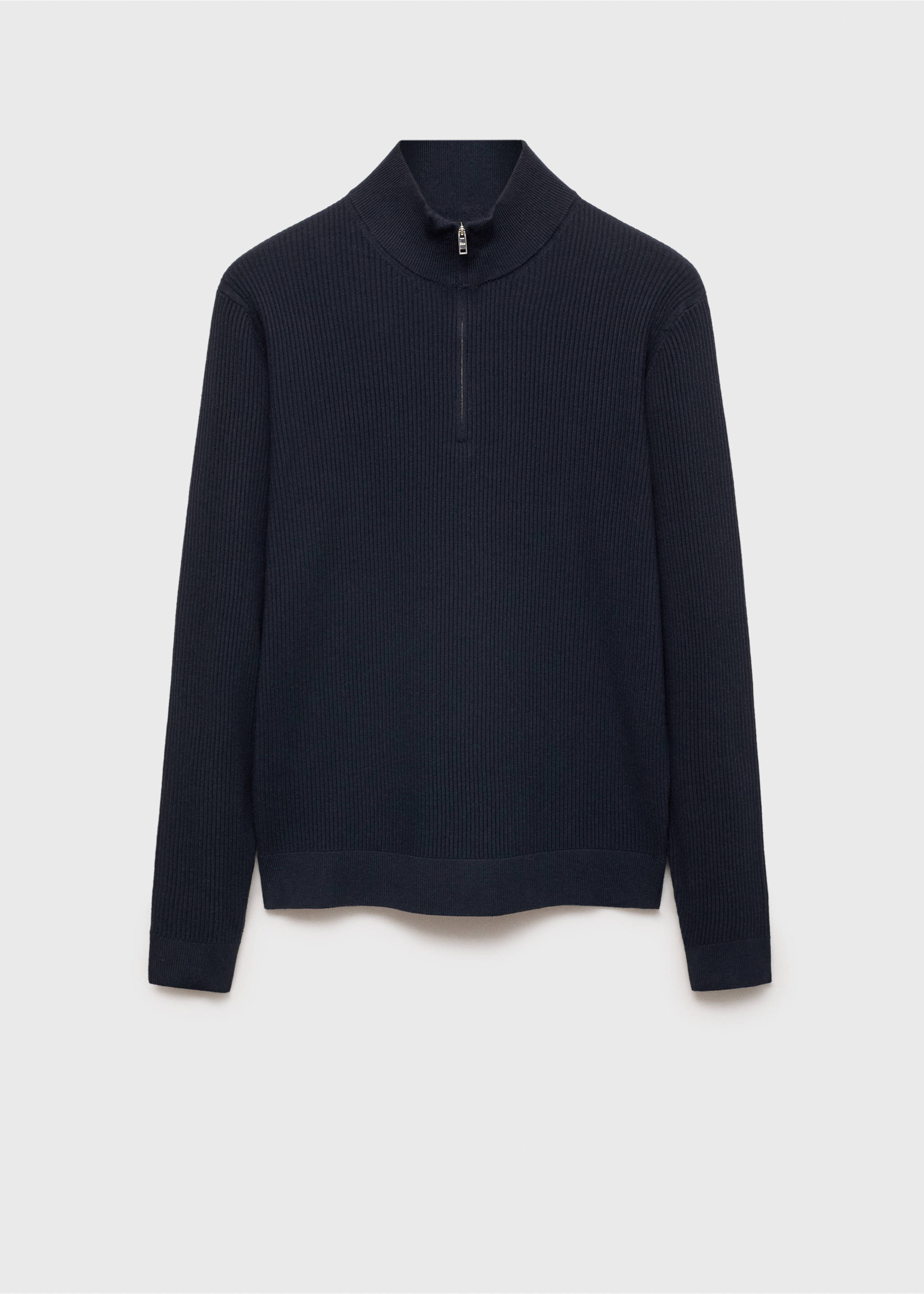 Navy blue ribbed knit zip-neck jersey with long sleeves., Dark Navy. Ref: 87000611-00.