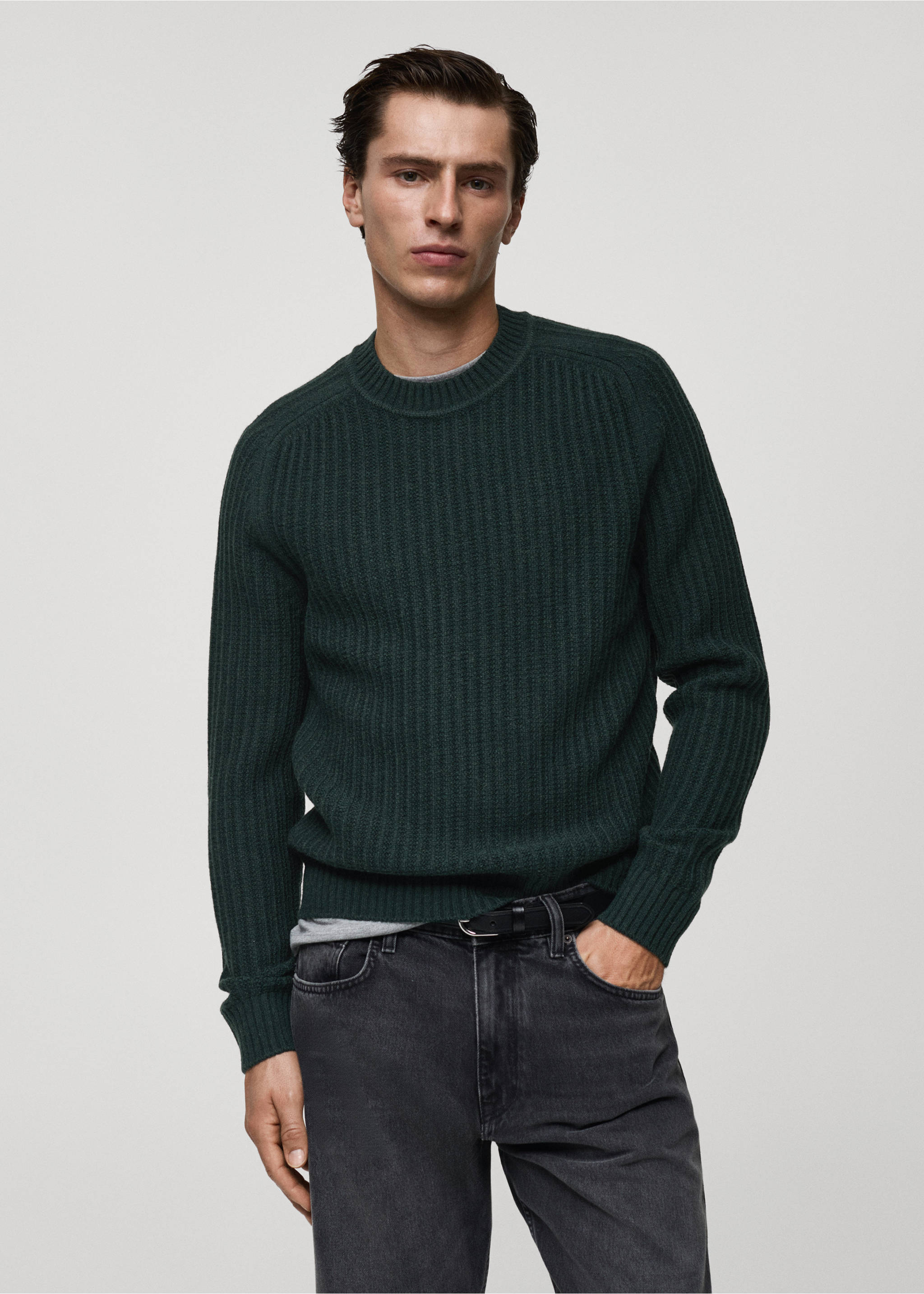 Wool-blend rib-knit sweater - Medium plane, Dark Green. Ref: 87000612-00.