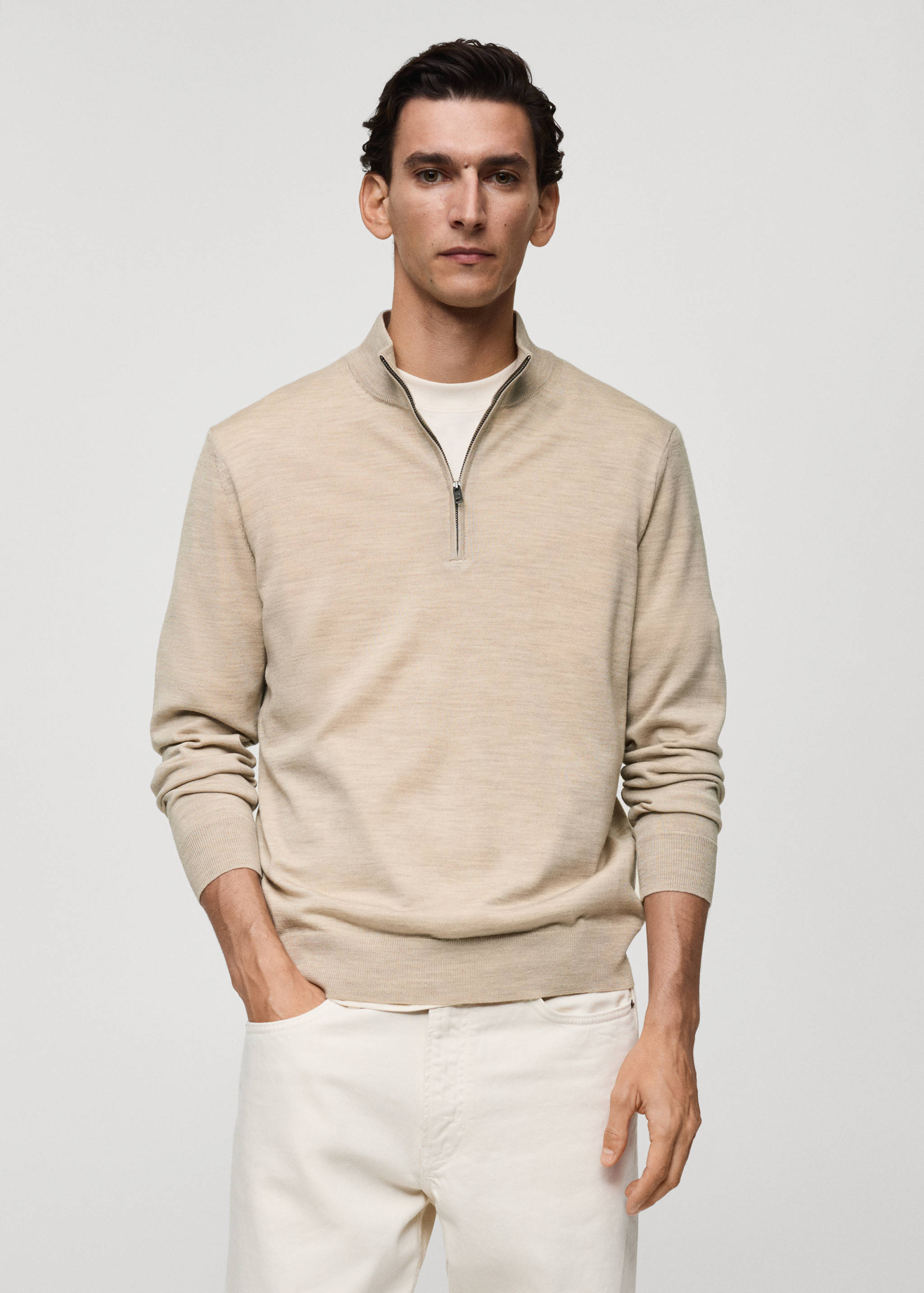 Pullover aus 100 % Merinwolle mit halbhohem Zip-Kragen - Mittlere Ansicht