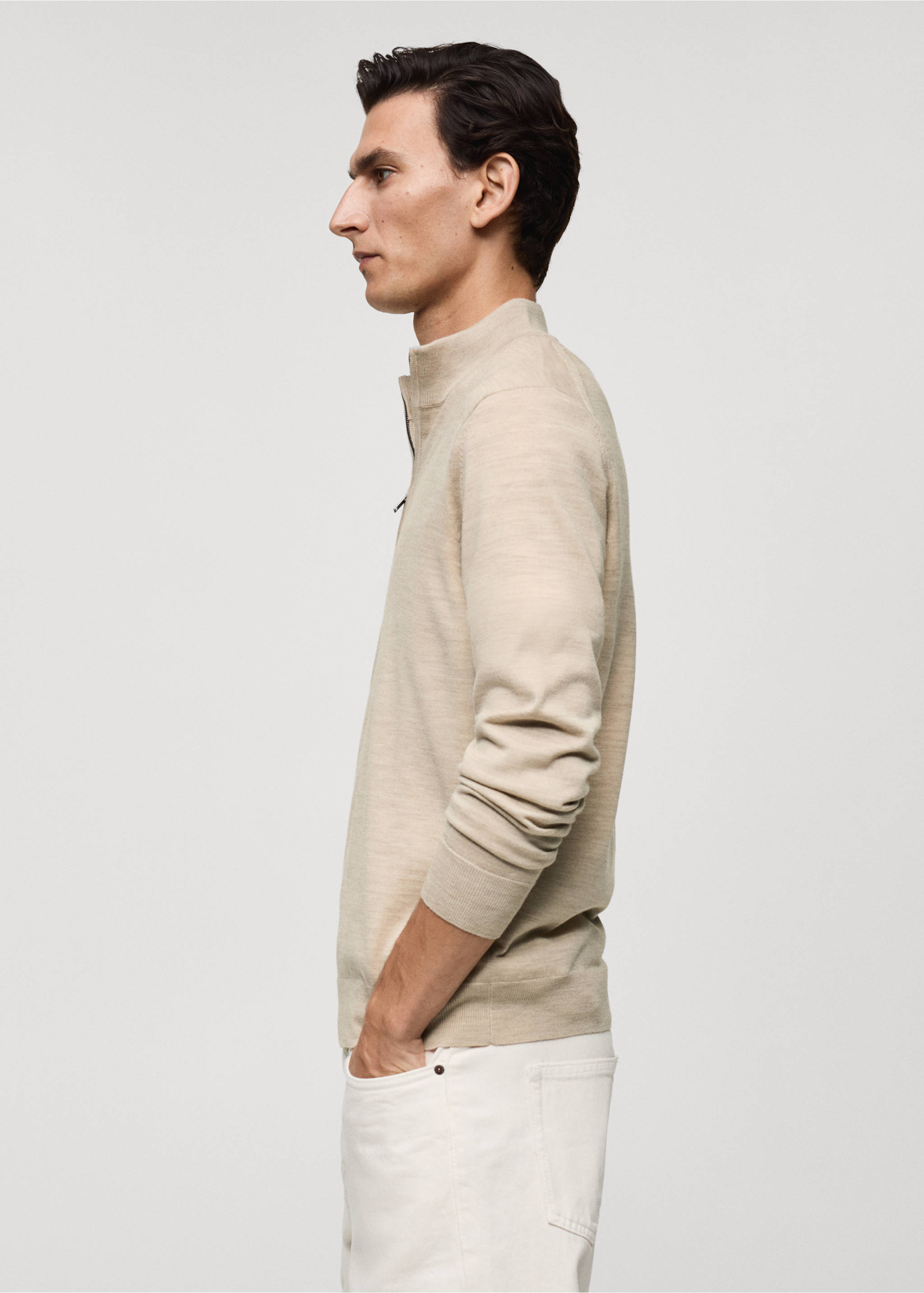 Pull-over 100 % laine mérinos col montant zippé - Détail de l'article 2, Beige. Ref: 87000617-00.