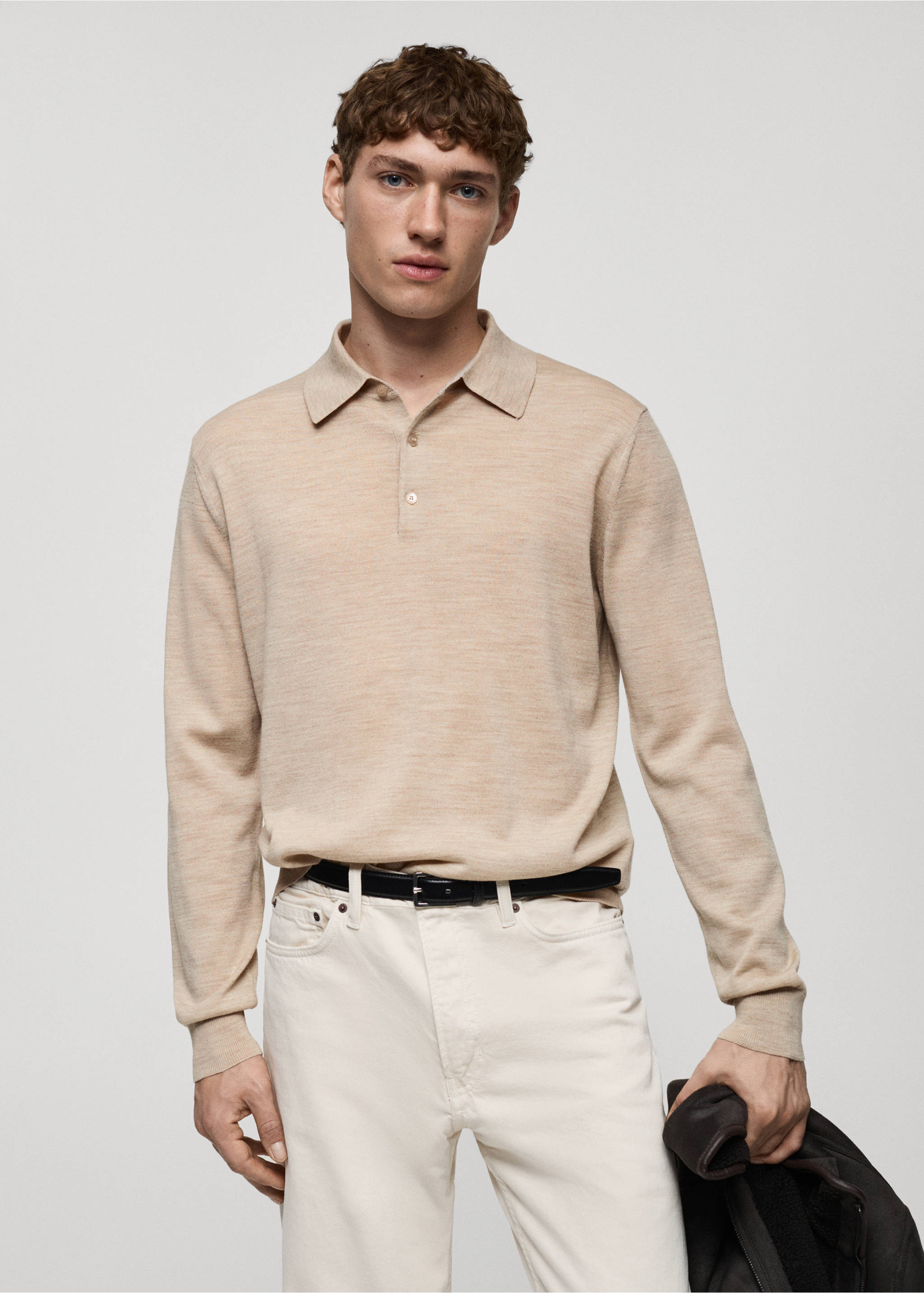 Jersey polo 100% lana de merino - Plano medio, Beige. Ref: 87000618-00.