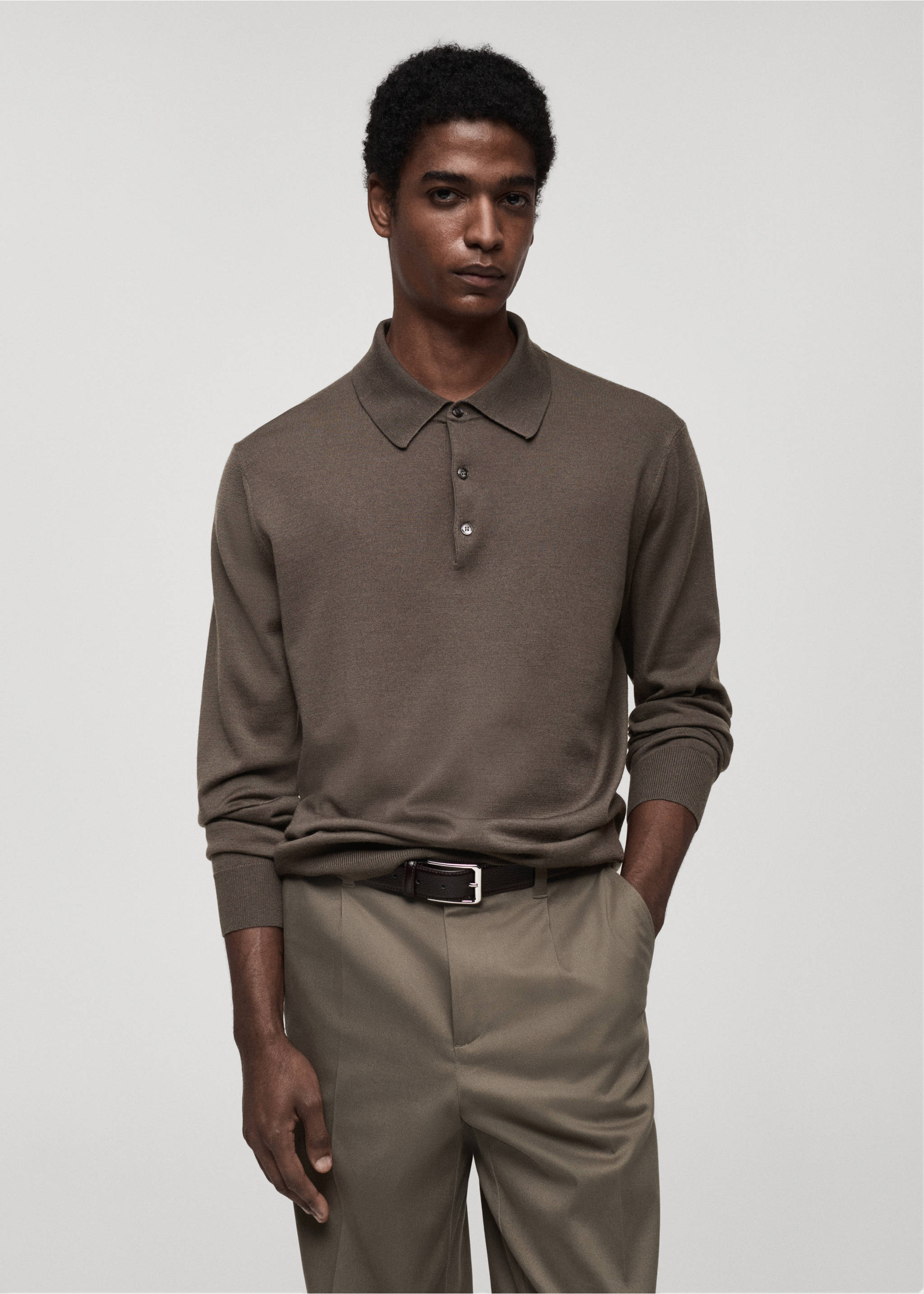 Jersey polo 100% lana de merino - Plano medio, Verde oscuro. Ref: 87000618-00.