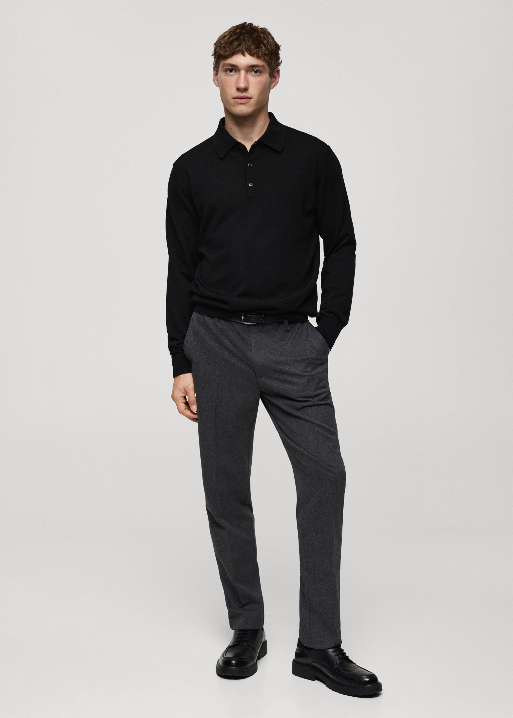 Jersey polo 100% lana de merino - Plano general, Negro. Ref: 87000618-00.