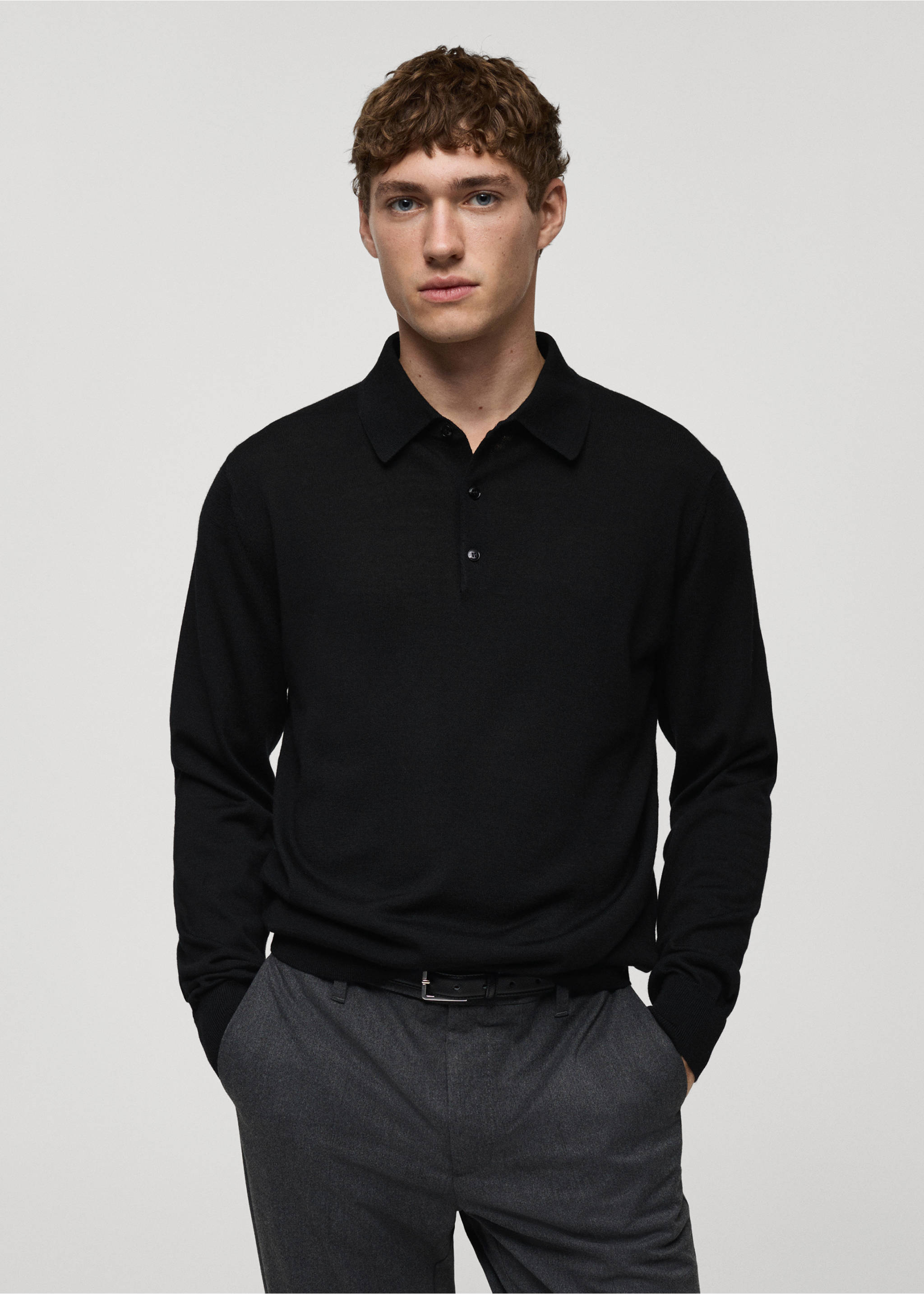 Jersey polo 100% lana de merino - Plano medio, Negro. Ref: 87000618-00.