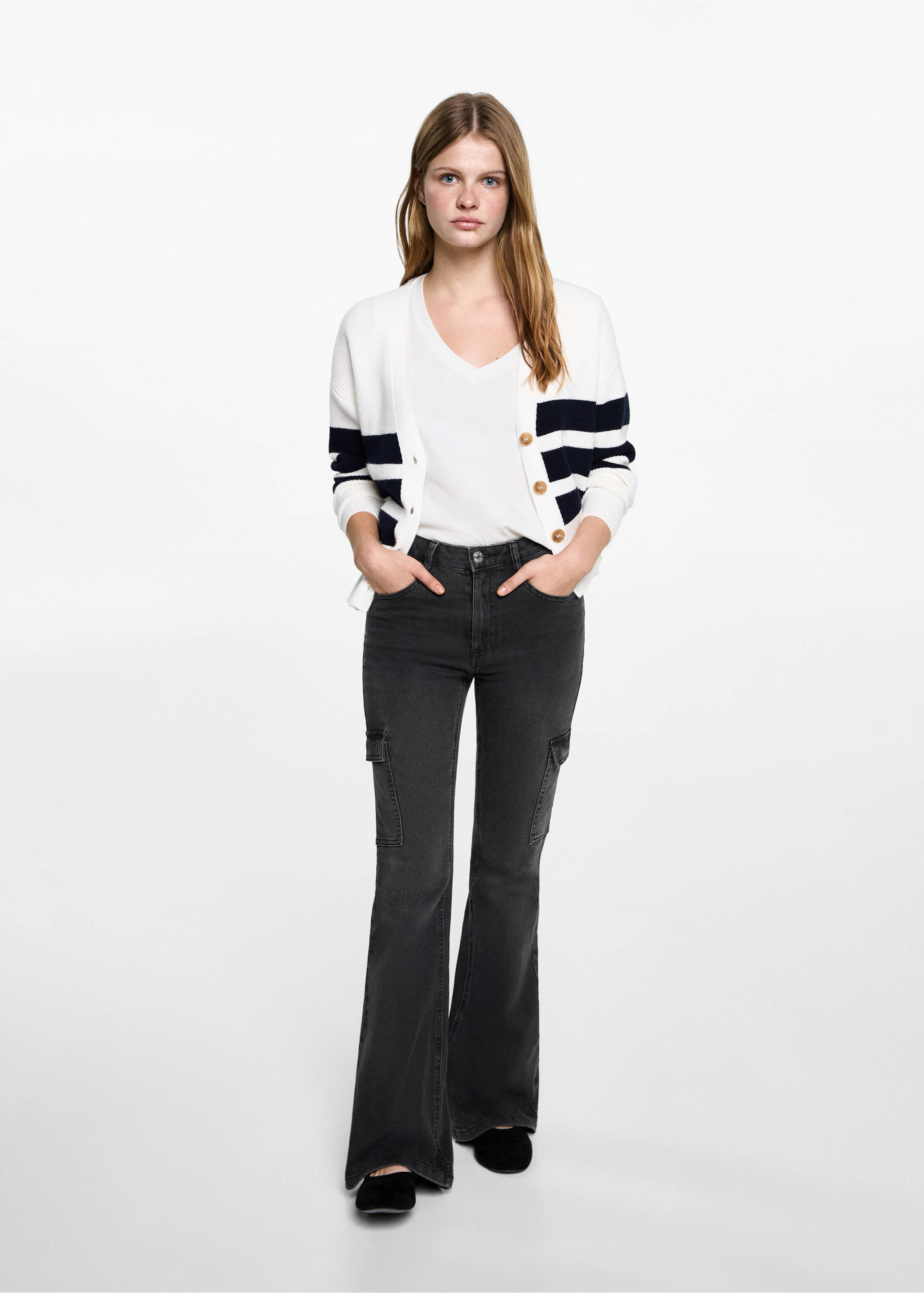 Flared cargo jeans - General plane, Black denim. Ref: 87001076-00.