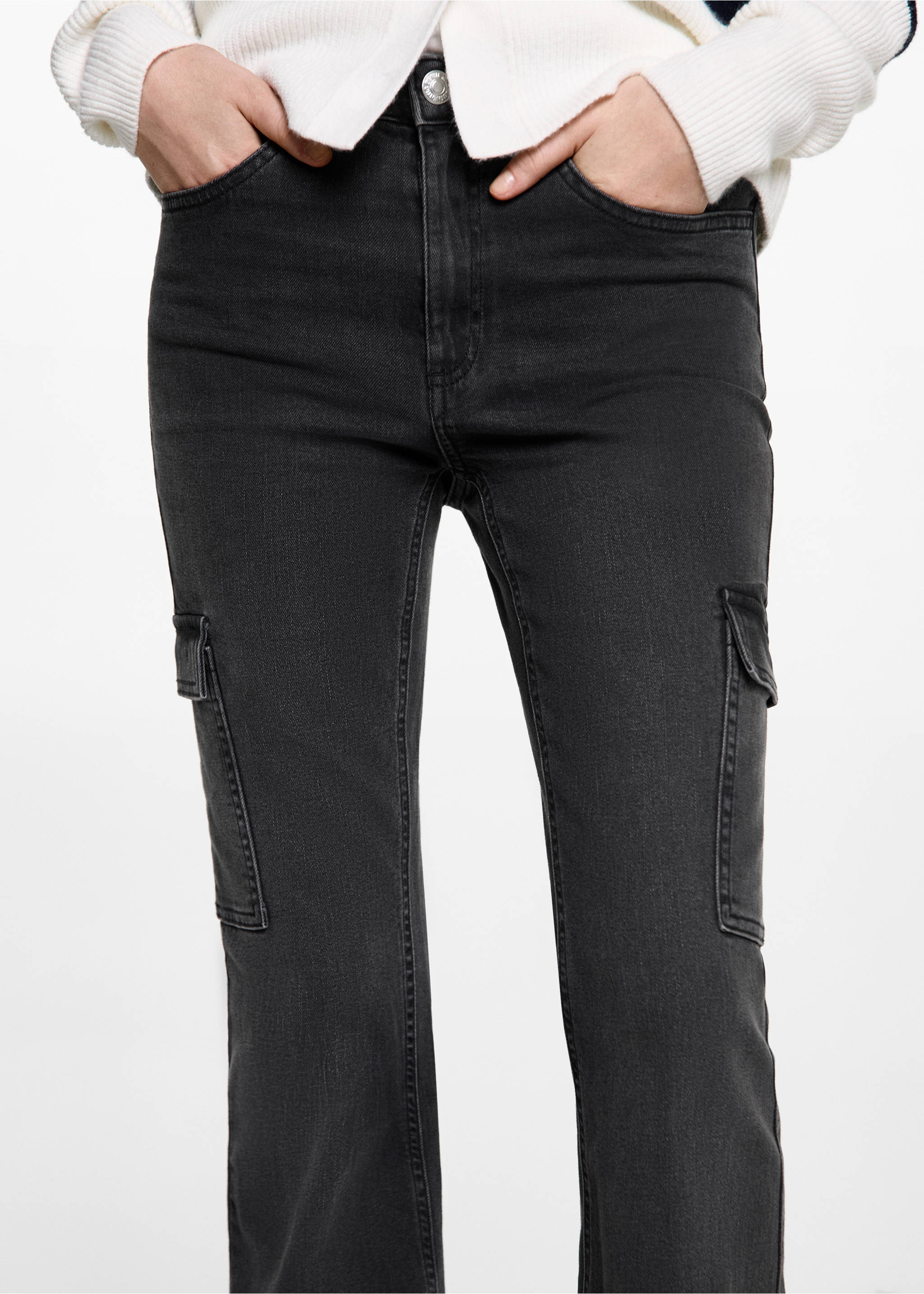 Flared cargo jeans - Medium plane, Black denim. Ref: 87001076-00.