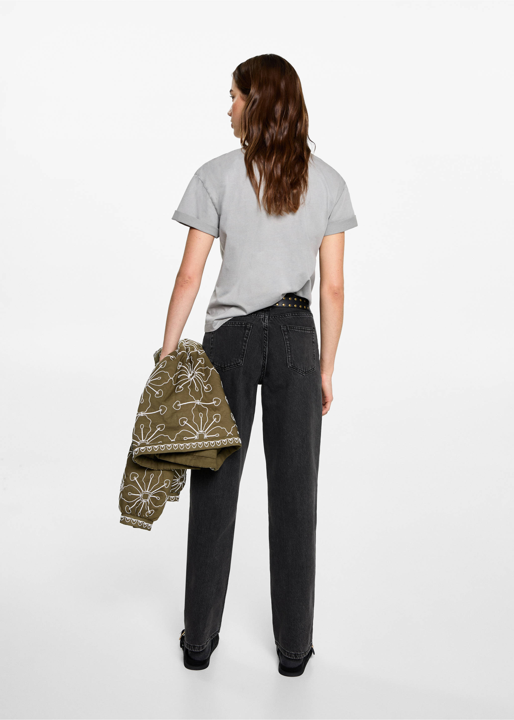 Gerade Jeans mit geflochtenen Schlaufen - Rückseite des Artikels, Black denim. Ref: 87001093-00.