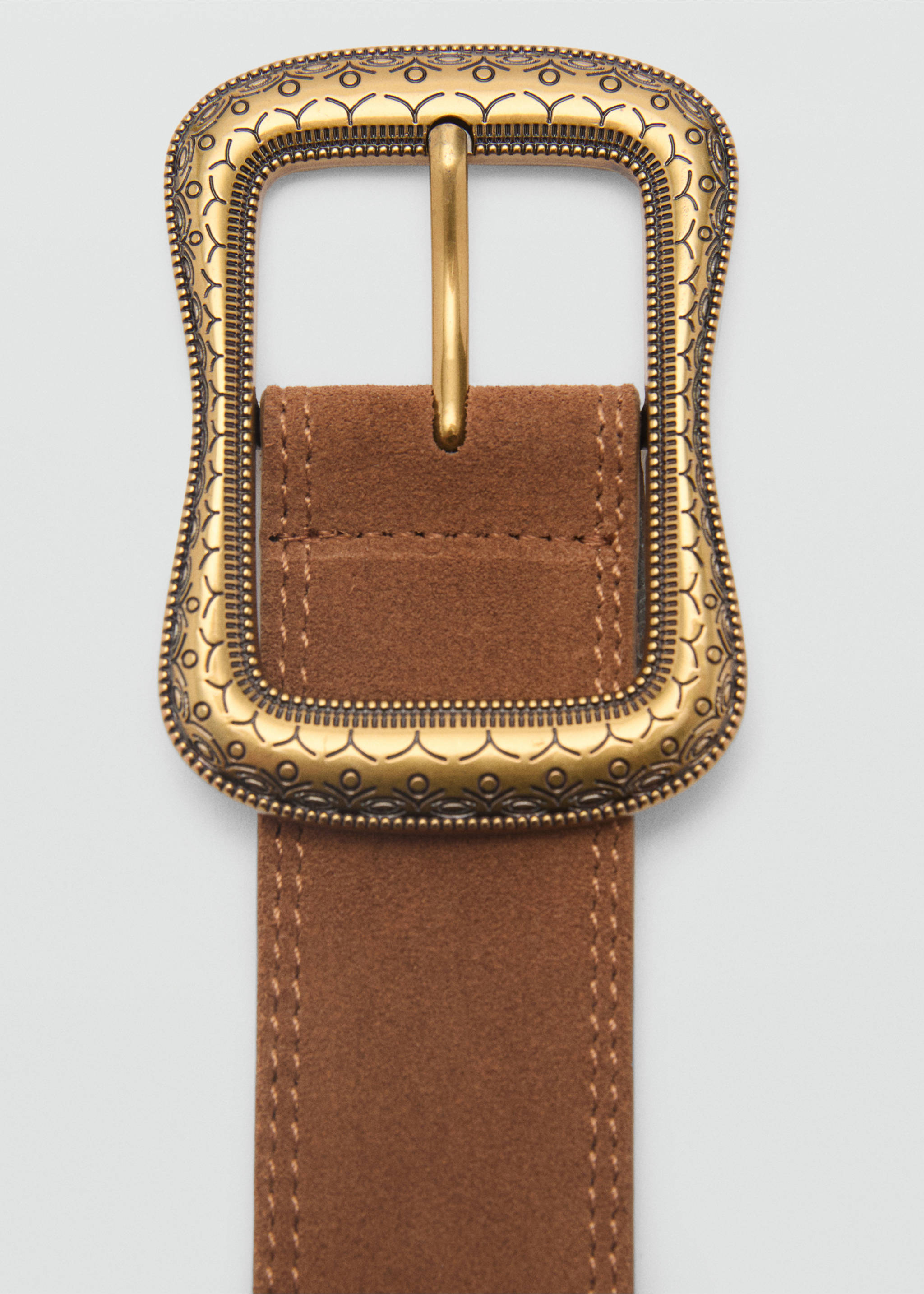 Suede belt with engraved buckle - Medium plane, Brown. Ref: 87002541-00.