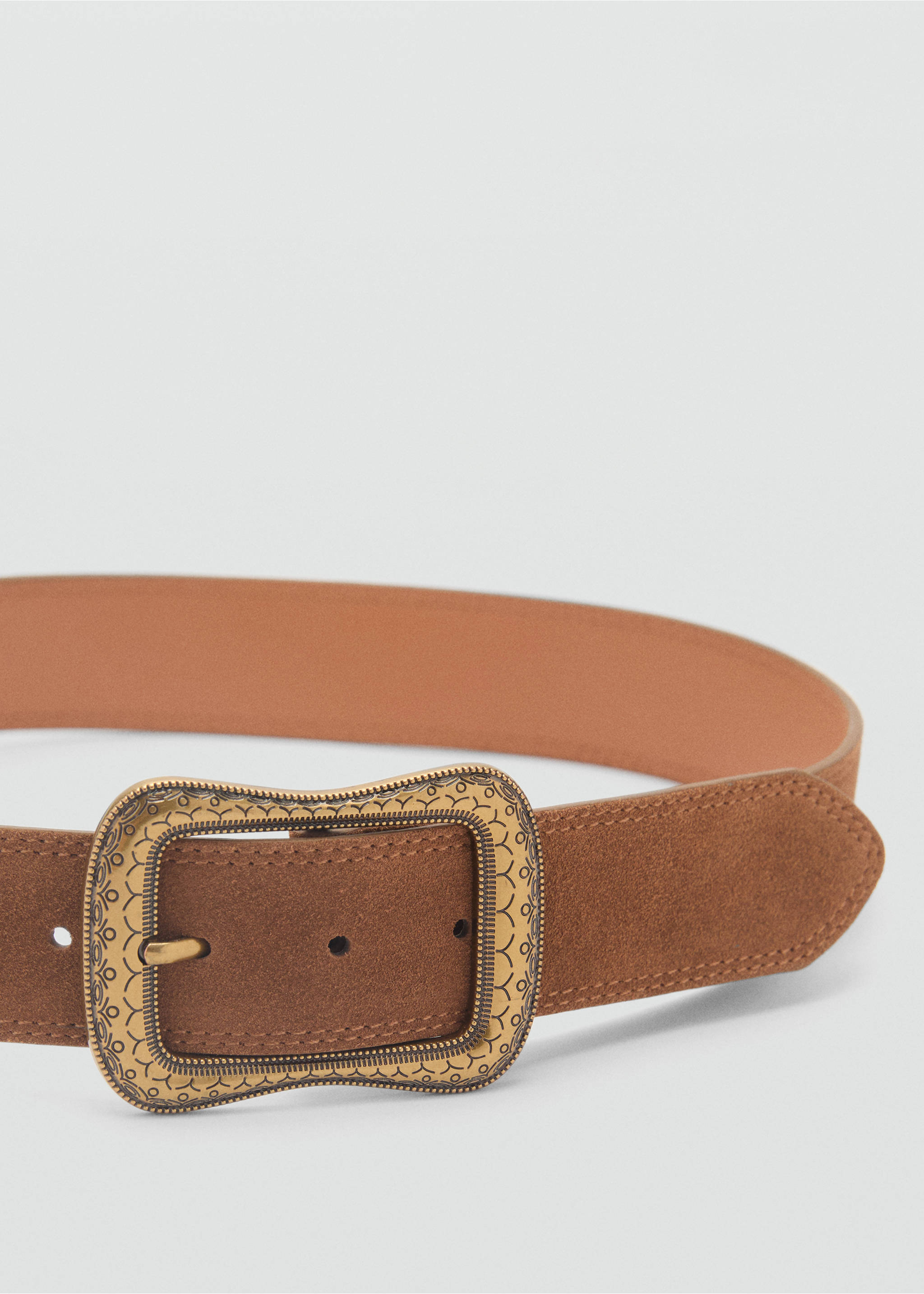 Suede belt with engraved buckle - Details of the article 1, Brown. Ref: 87002541-00.