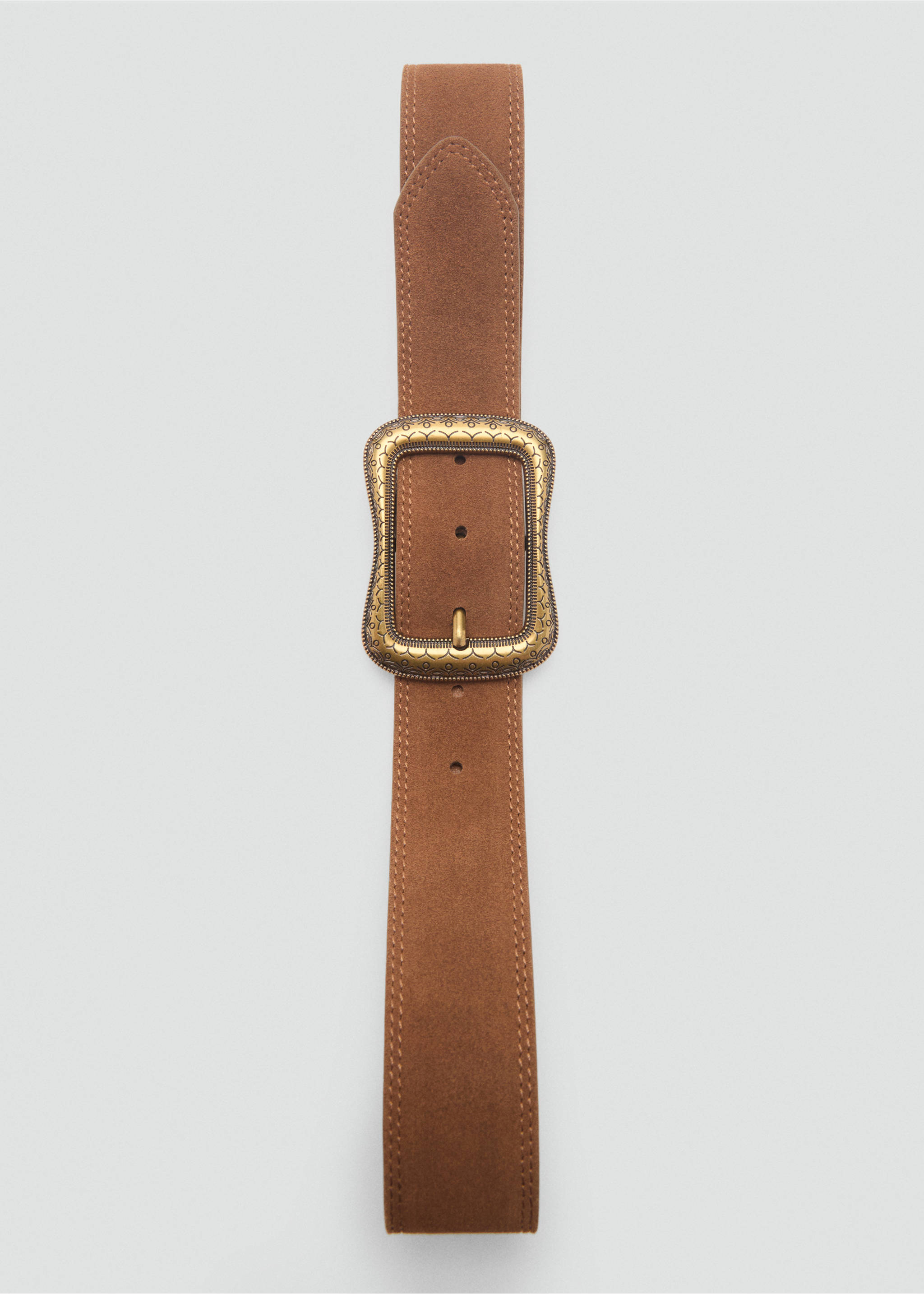 Suede belt with engraved buckle - Details of the article 2, Brown. Ref: 87002541-00.
