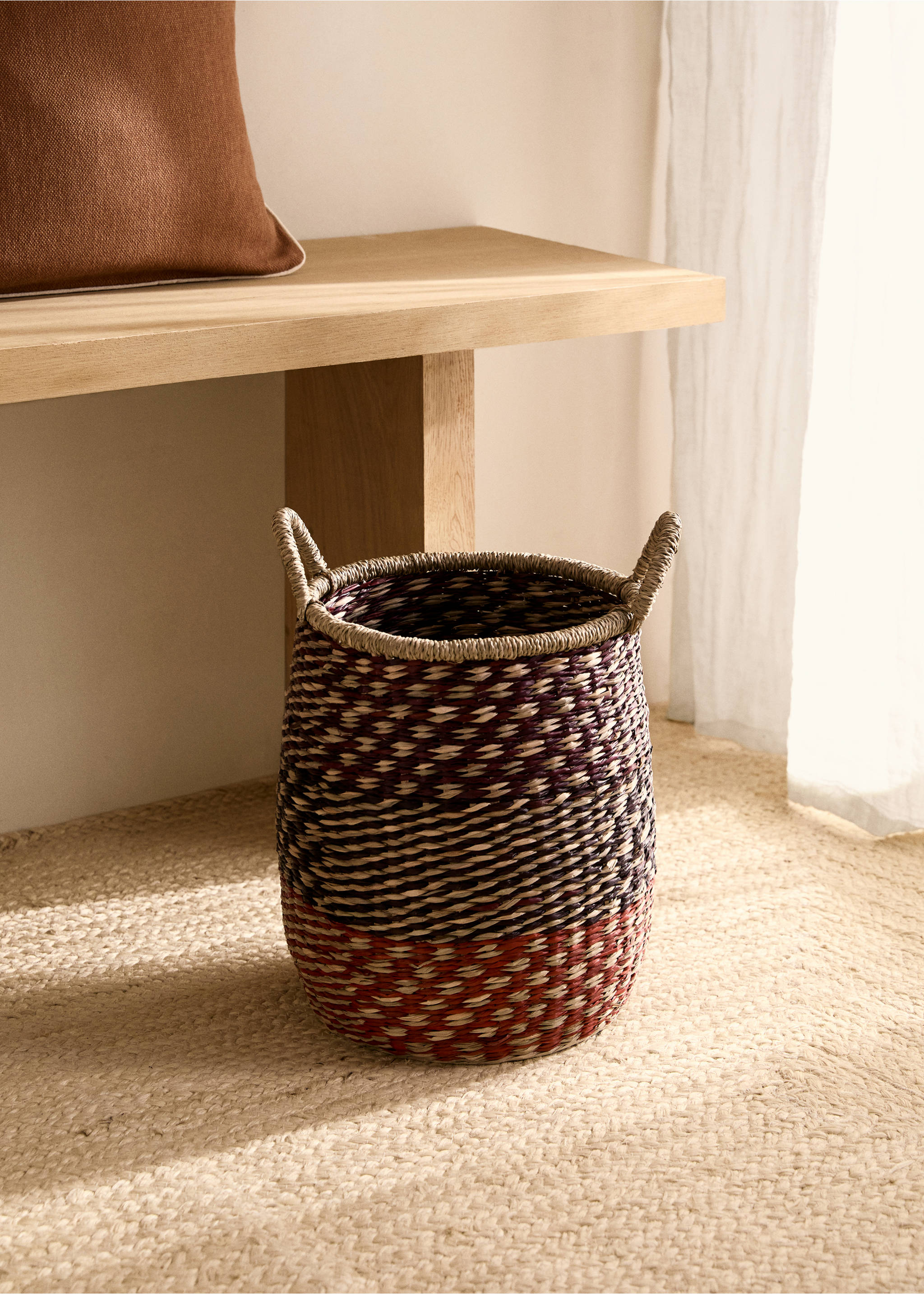 Coloured seagrass basket with double handles - General plane, Burnt Orange. Ref: 87002927-00.