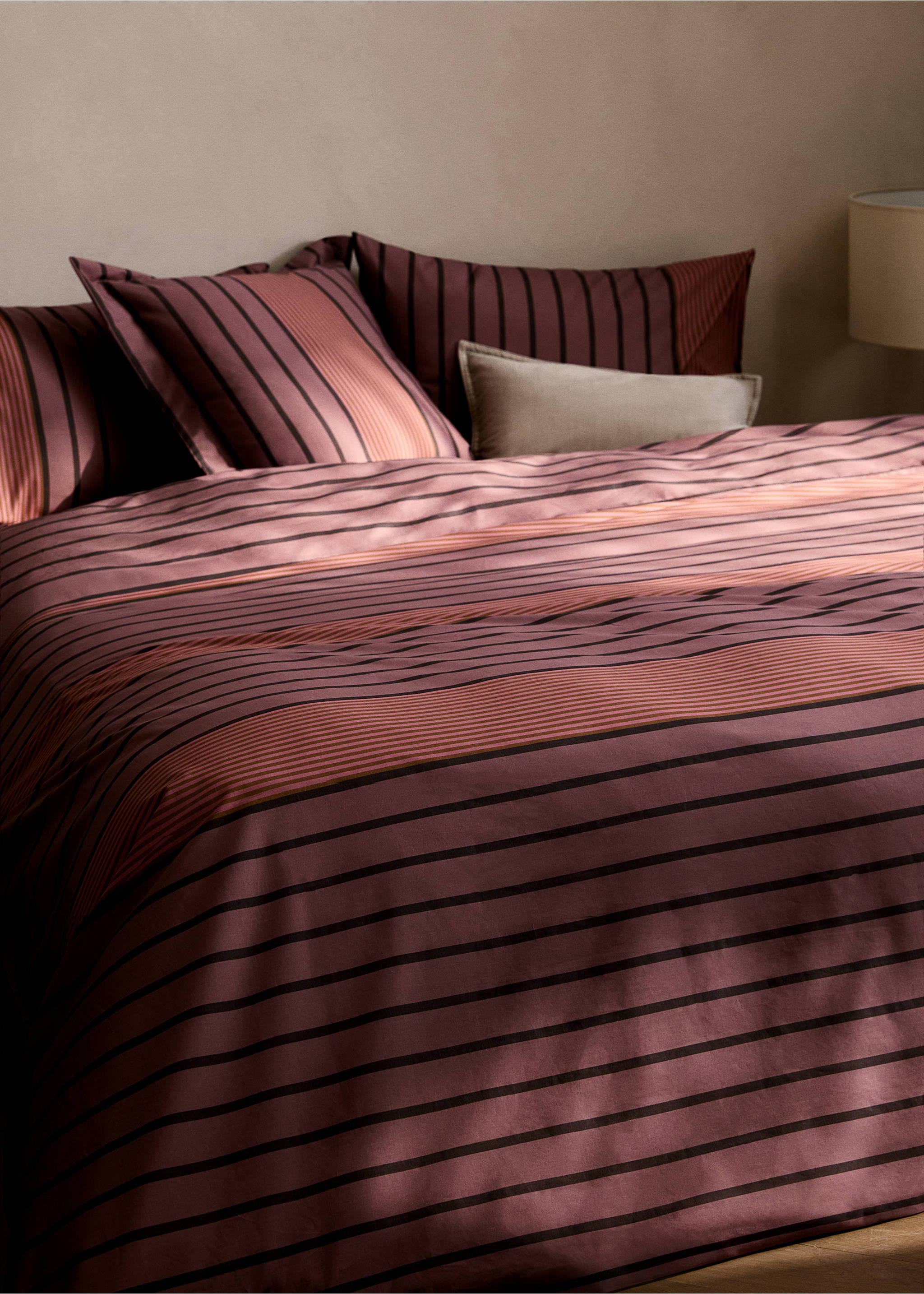 Percale cotton multi-striped duvet cover King bed - General plane, Pink. Ref: 87002940-00.