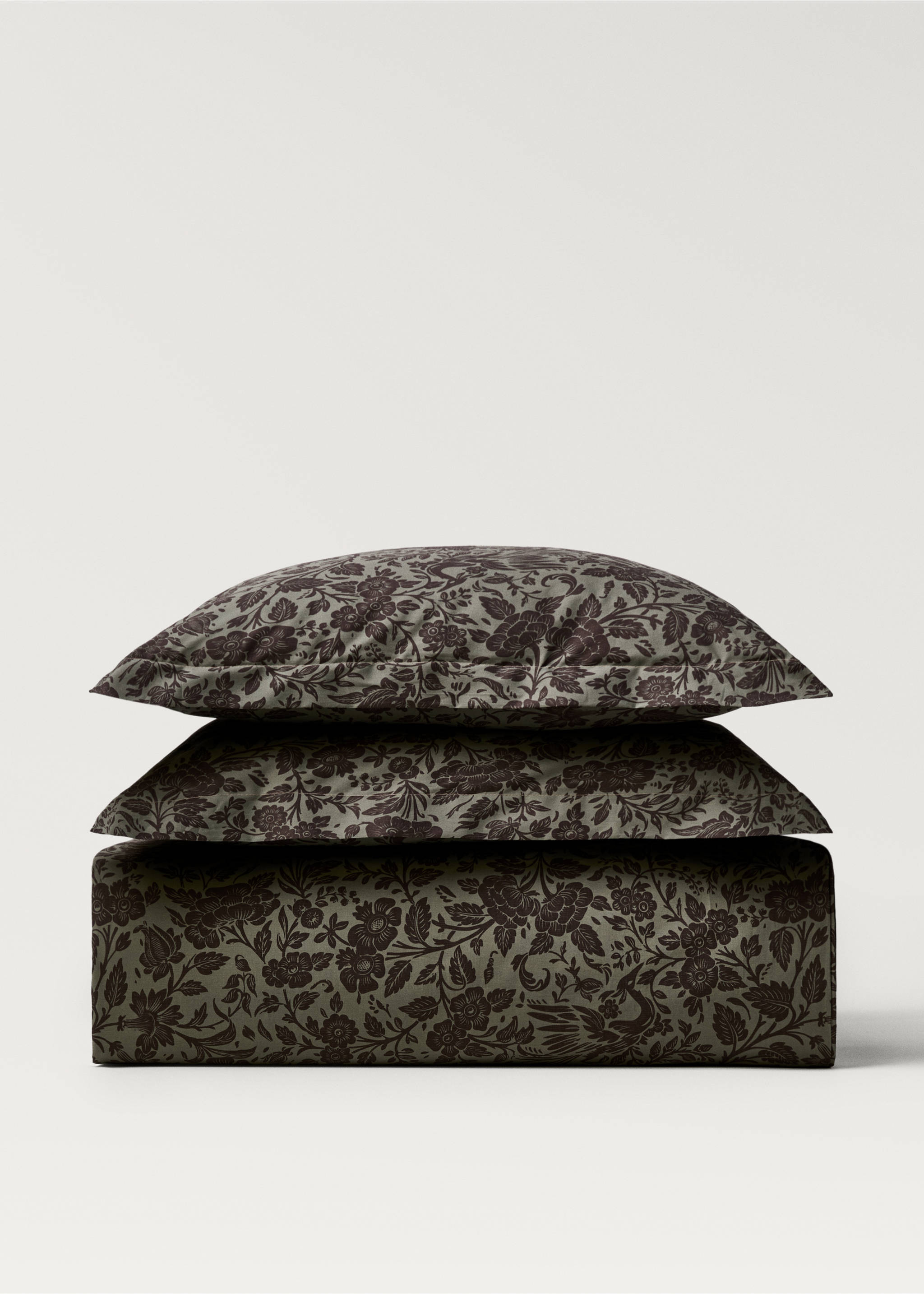 Bettbezug aus Baumwollperkal mit zweifarbigem Blumenmuster für Bett 90 cm - Artikel ohne Model, Khaki. Ref: 87002954-00.