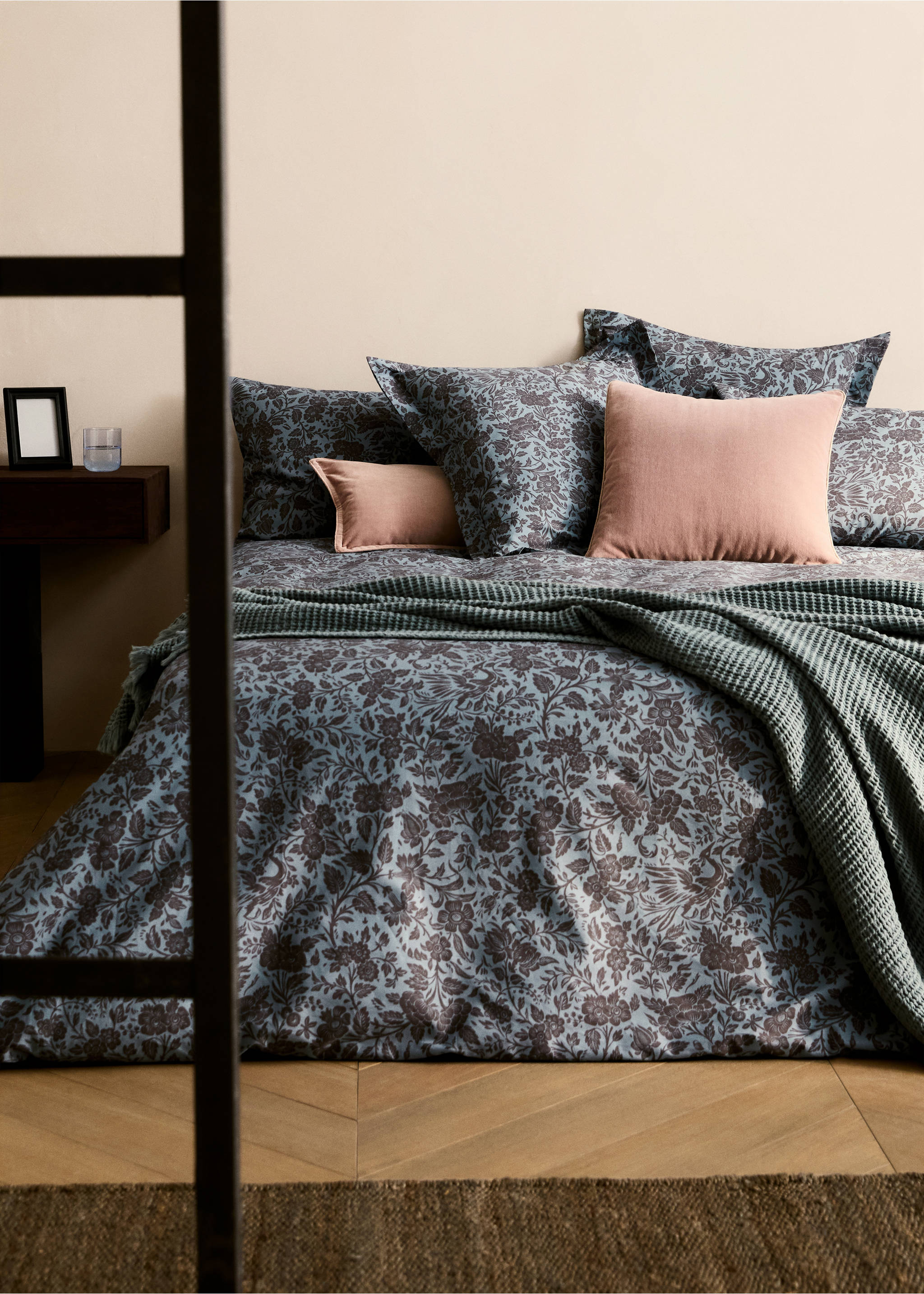 Percale cotton printed two-tone floral duvet cover Single bed - General plane, Aqua Green. Ref: 87002954-00.