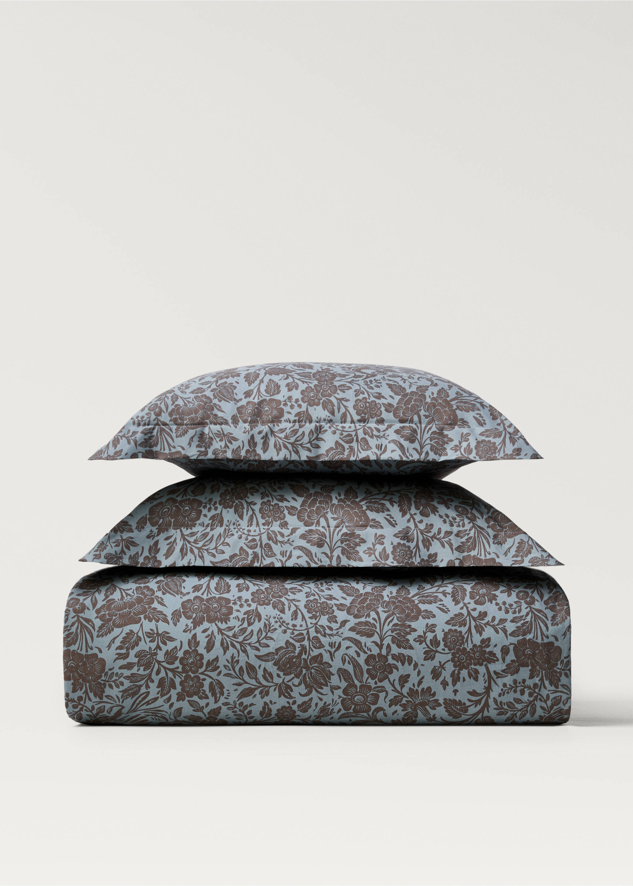 Percale cotton printed two-tone floral duvet cover Single bed - Article without model, Aqua Green. Ref: 87002954-00.