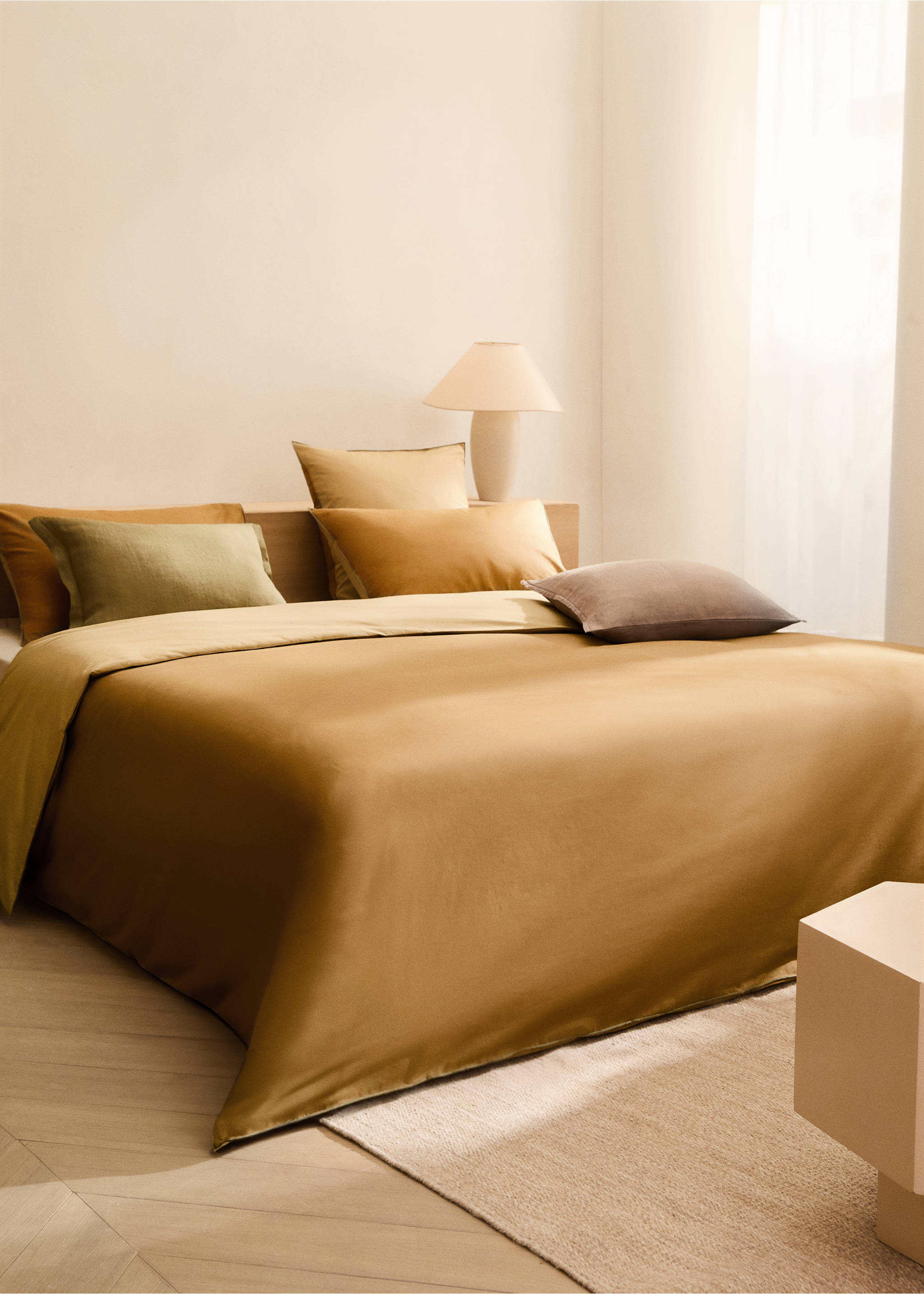 Reversible percale cotton duvet cover Single bed - General plane, Caramel. Ref: 87002962-00.