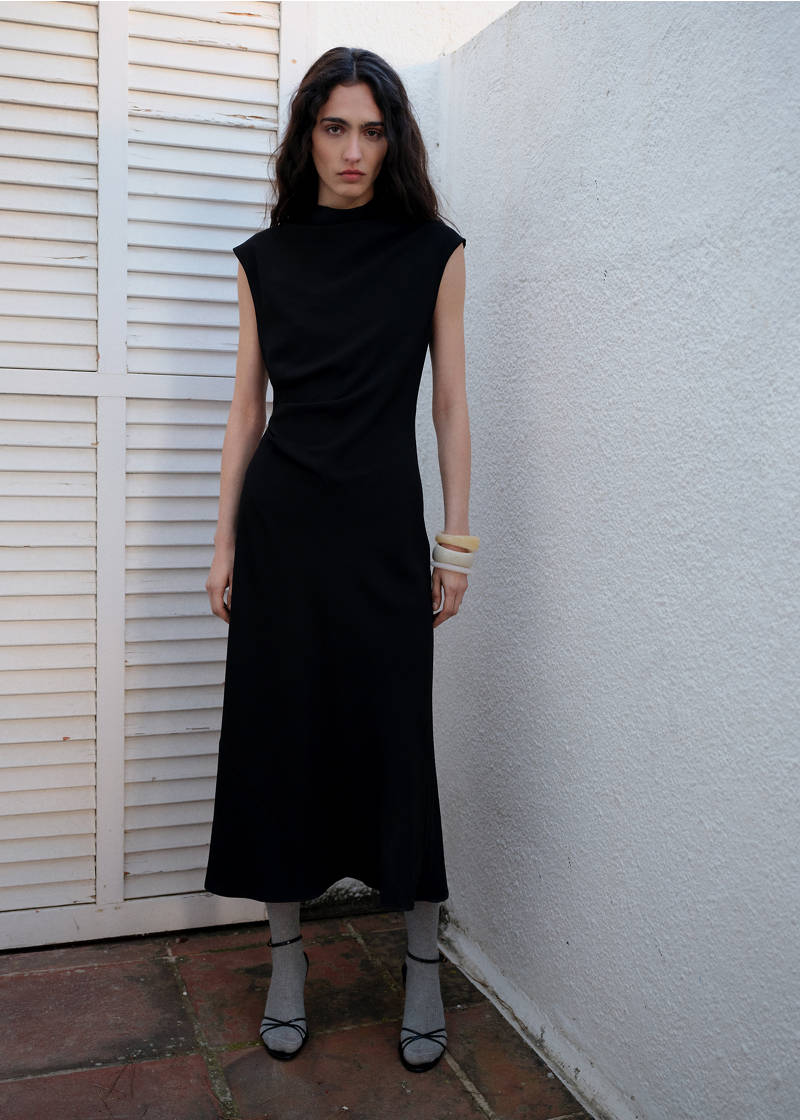 Vestido evasé cintura drapeada - Black