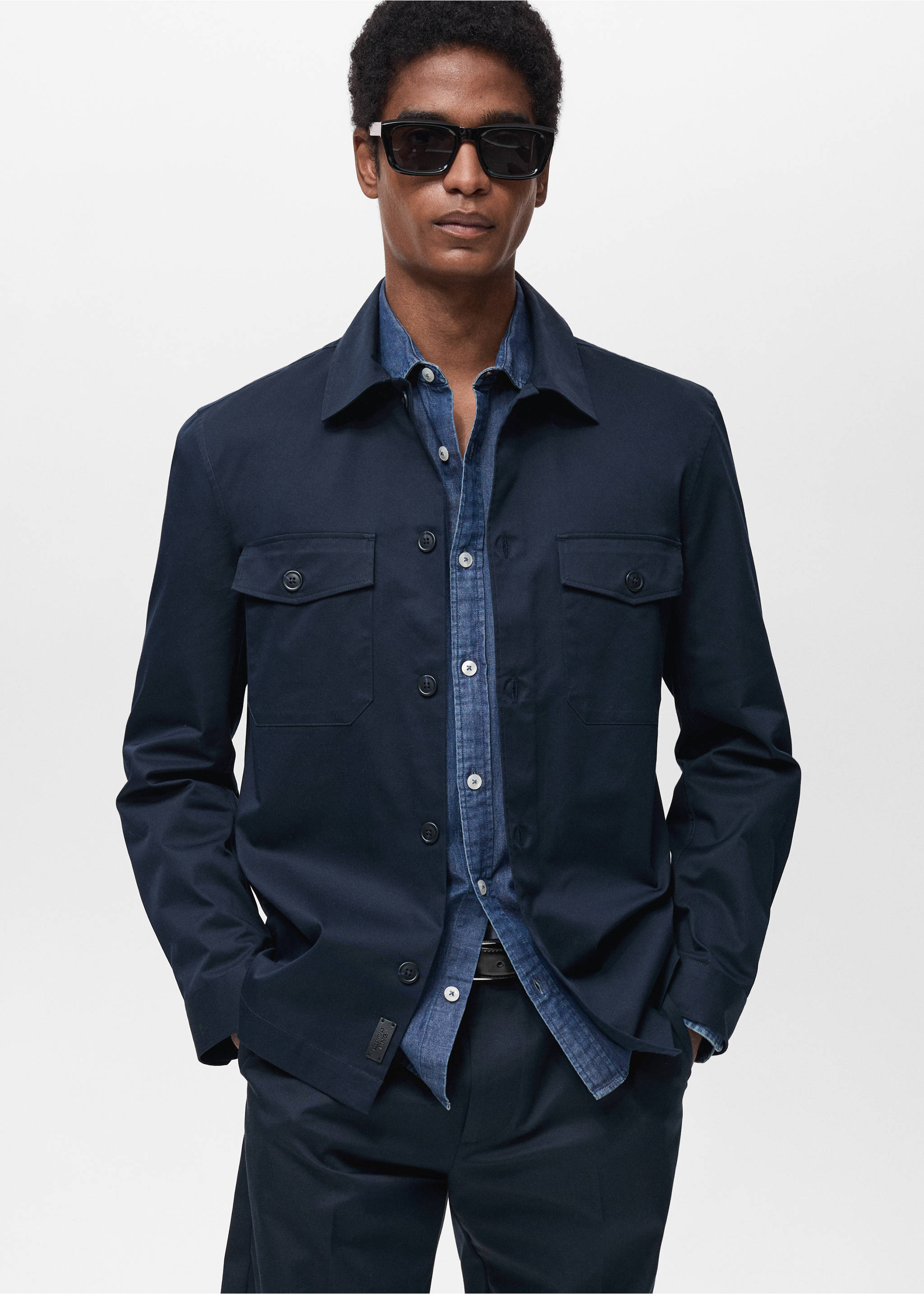 Regular-fit cotton overshirt with pockets - Medium plane, Dark Navy. Ref: 87004410-00.