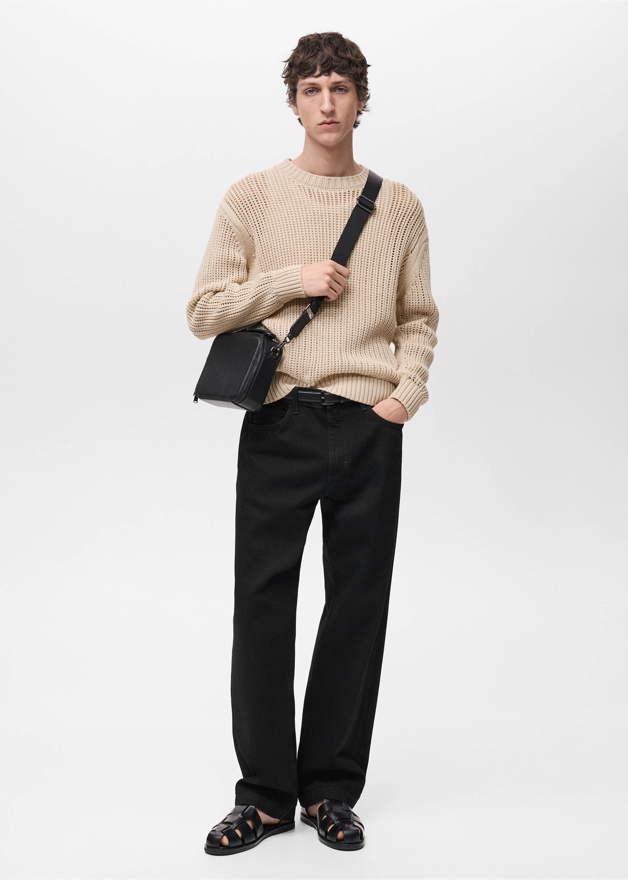 100% cotton openwork knitted sweater - General plane, Beige. Ref: 87004414-00.
