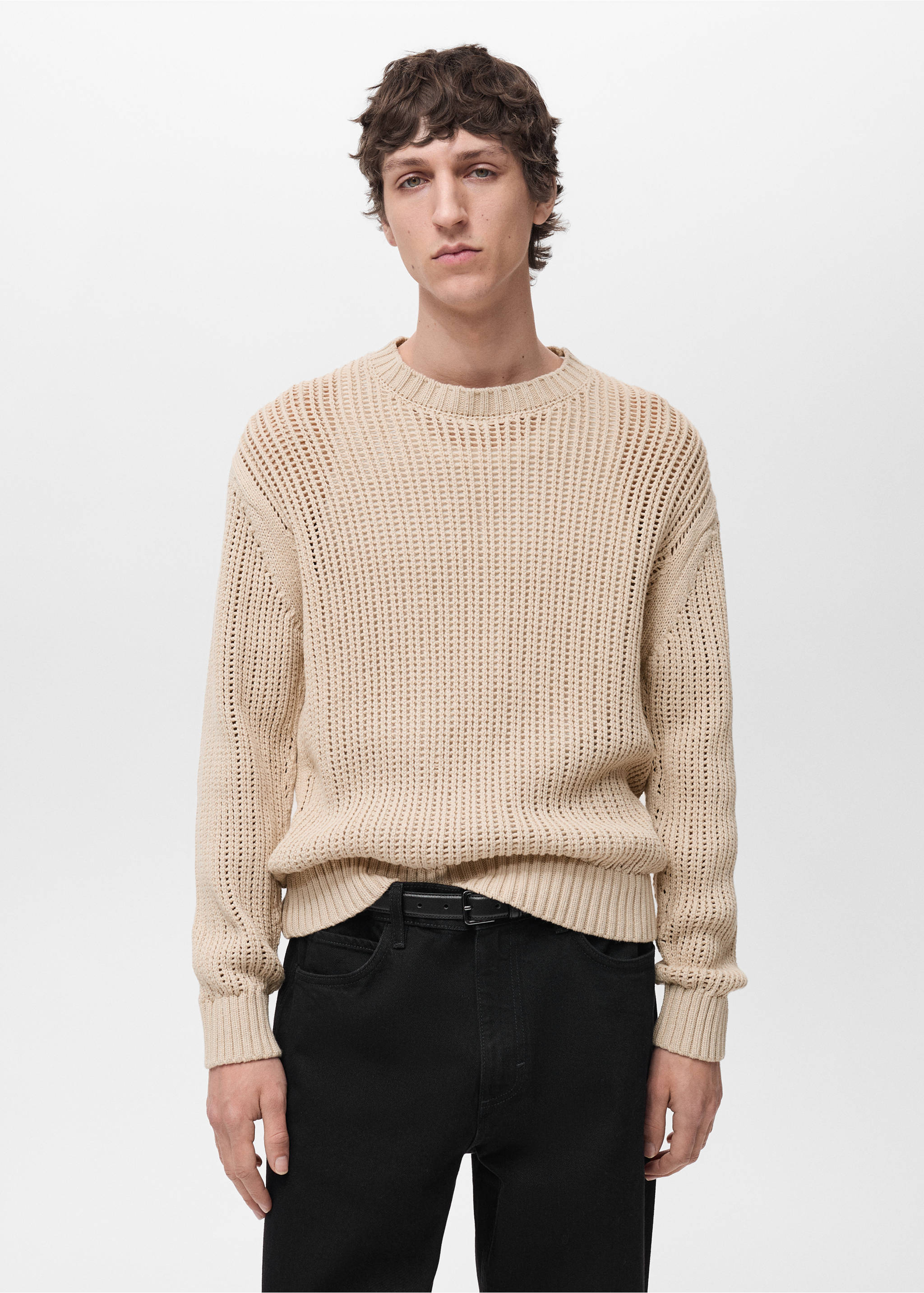 100% cotton openwork knitted sweater - Medium plane, Beige. Ref: 87004414-00.