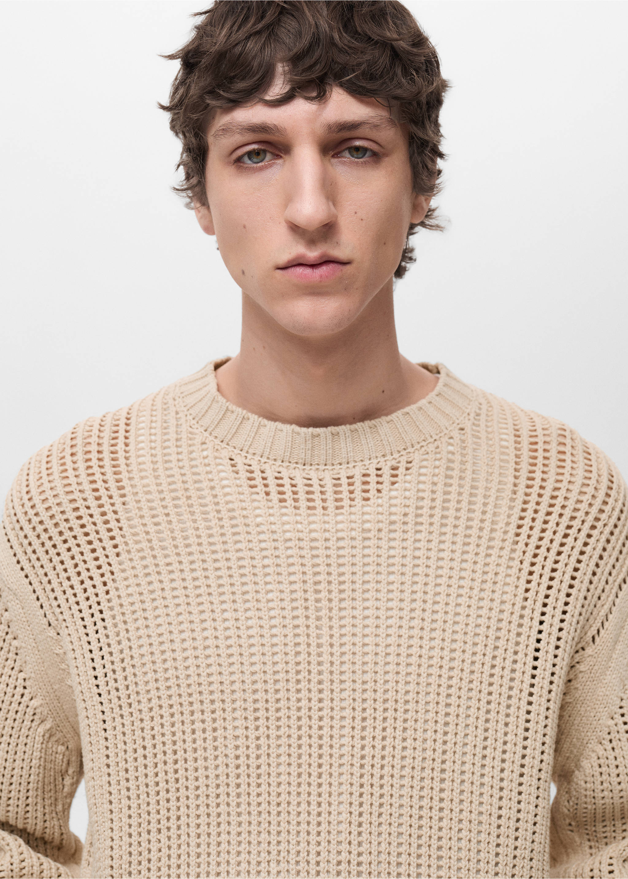100% cotton openwork knitted sweater - Details of the article 1, Beige. Ref: 87004414-00.