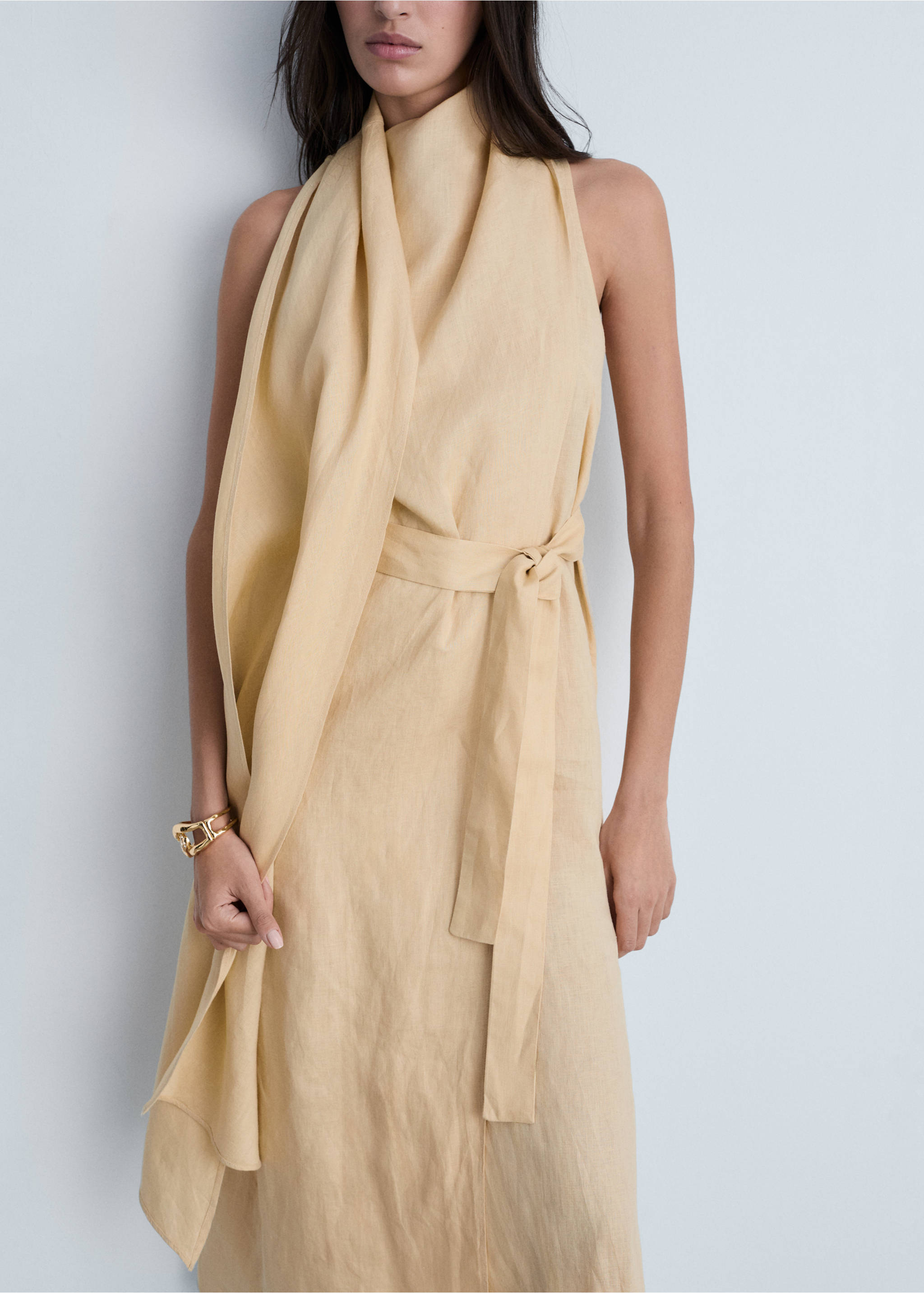 Belt linen dress - Medium plane, Sand. Ref: 87004783-00.