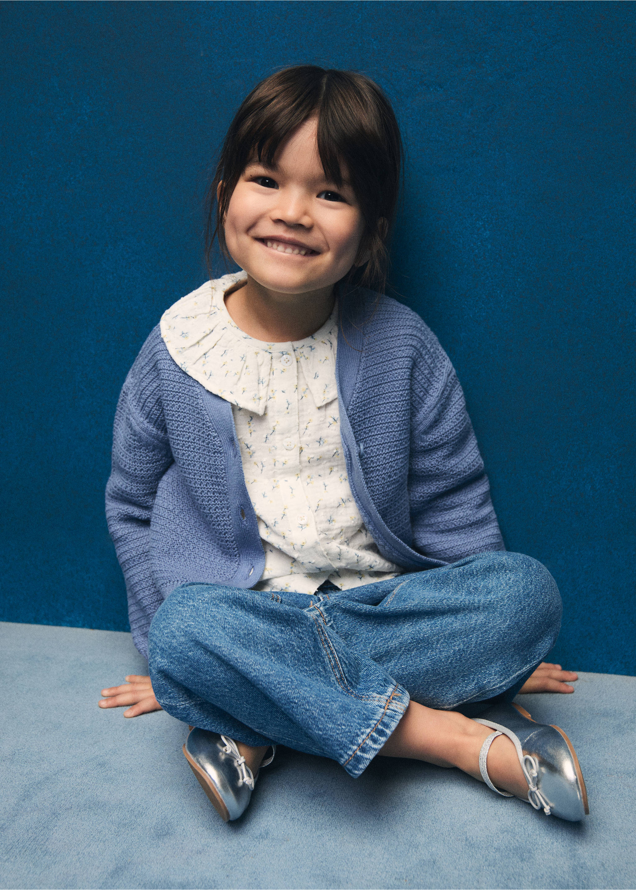 Combination knitted cotton cardigan - Details of the article 5, Blue. Ref: 87004795-00.