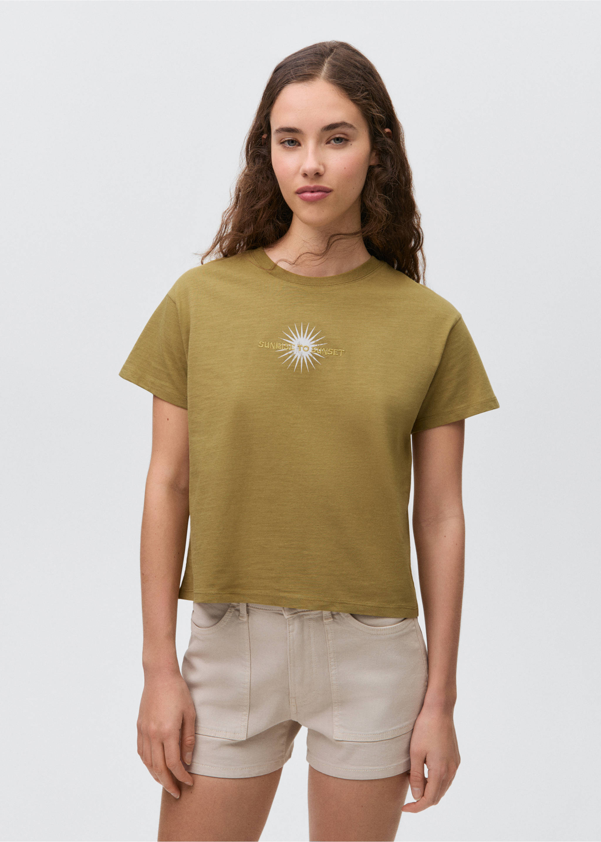 Embroidered cotton message t-shirt - Medium plane, Olive Green. Ref: 87005739-00.