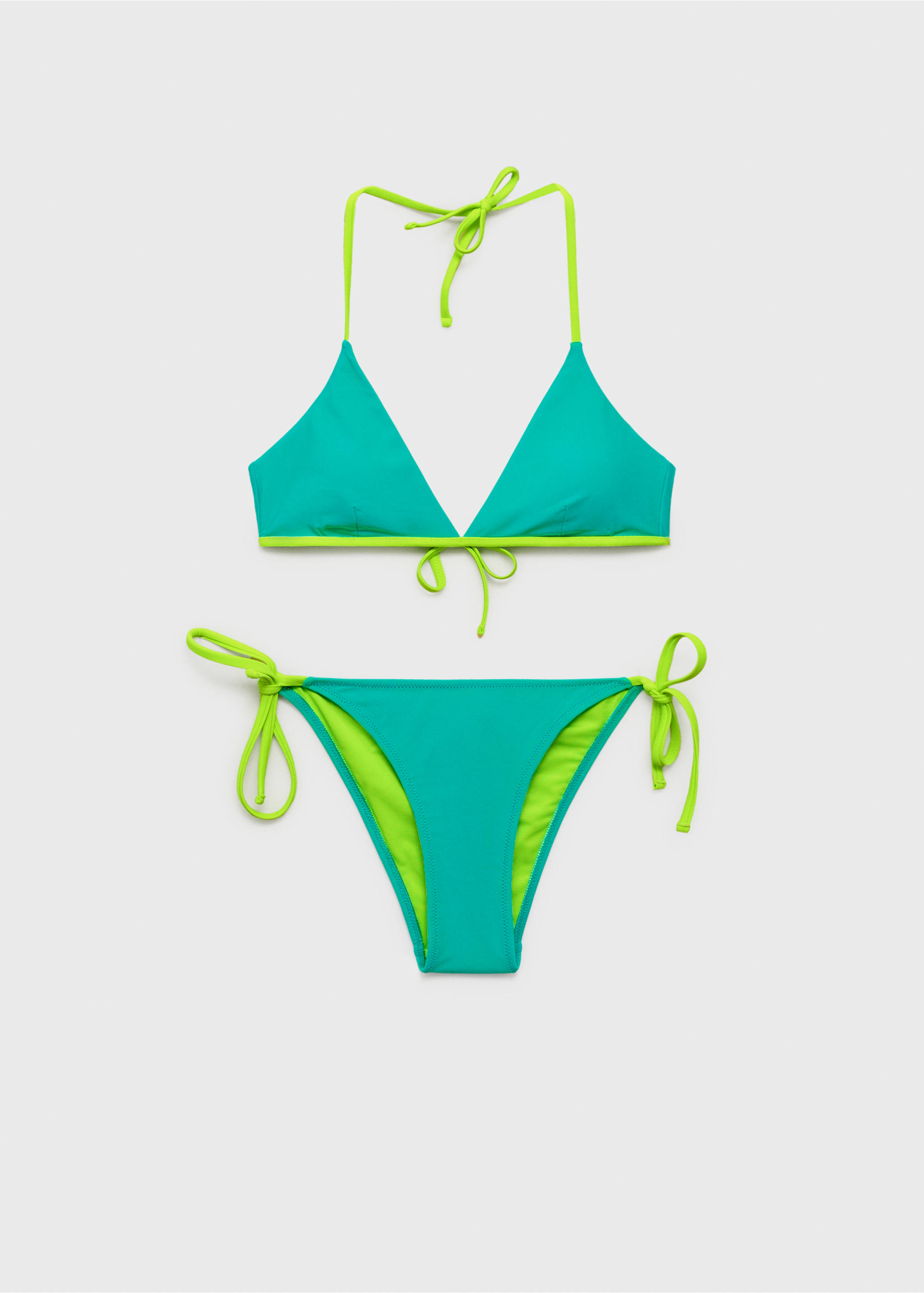 Turquoise bikini set with contrasting lime green trim and ties., Turquoise. Ref: 87005761-00.