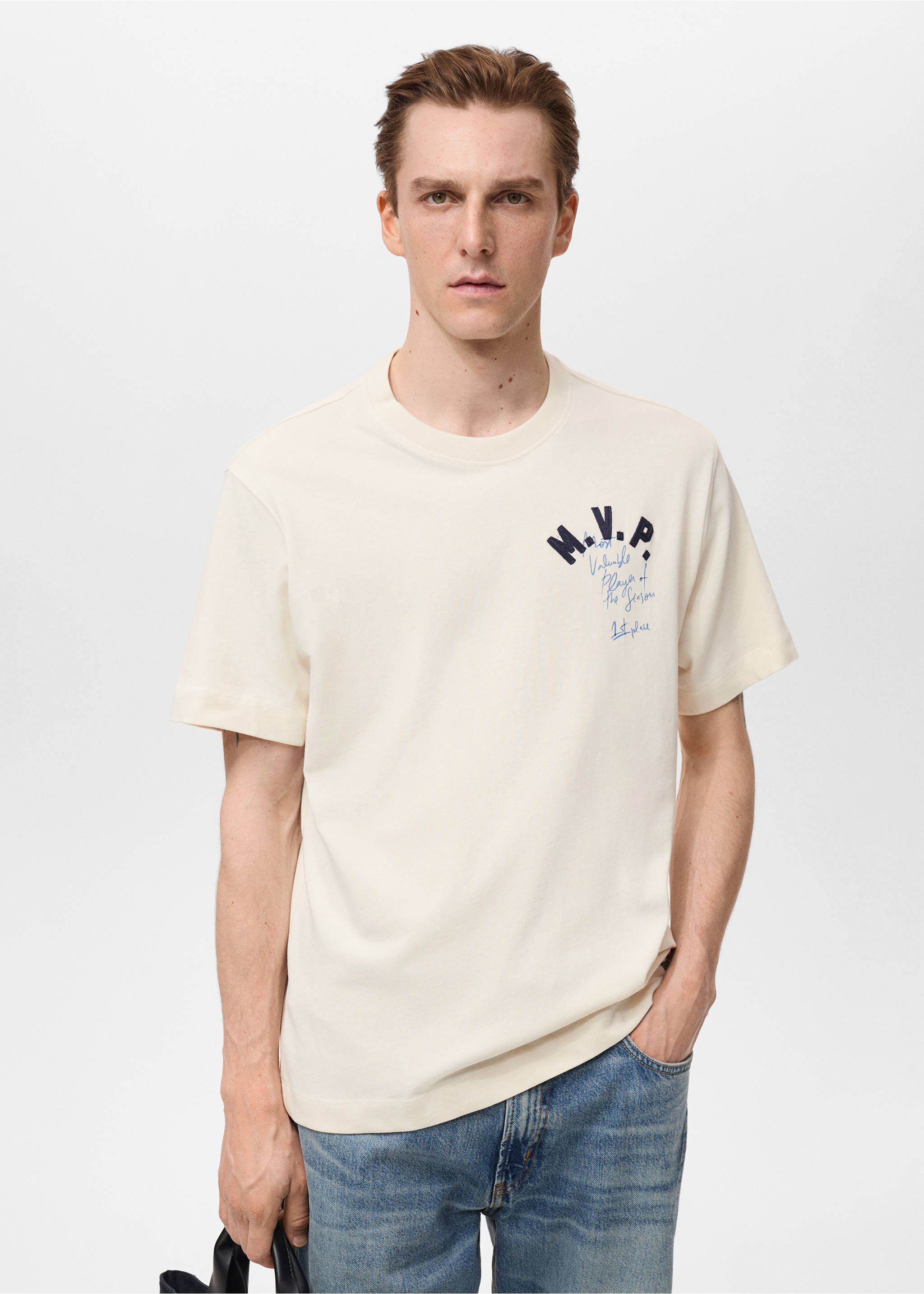 Embroidered cotton T-shirt - Medium plane, Ecru. Ref: 87005943-00.