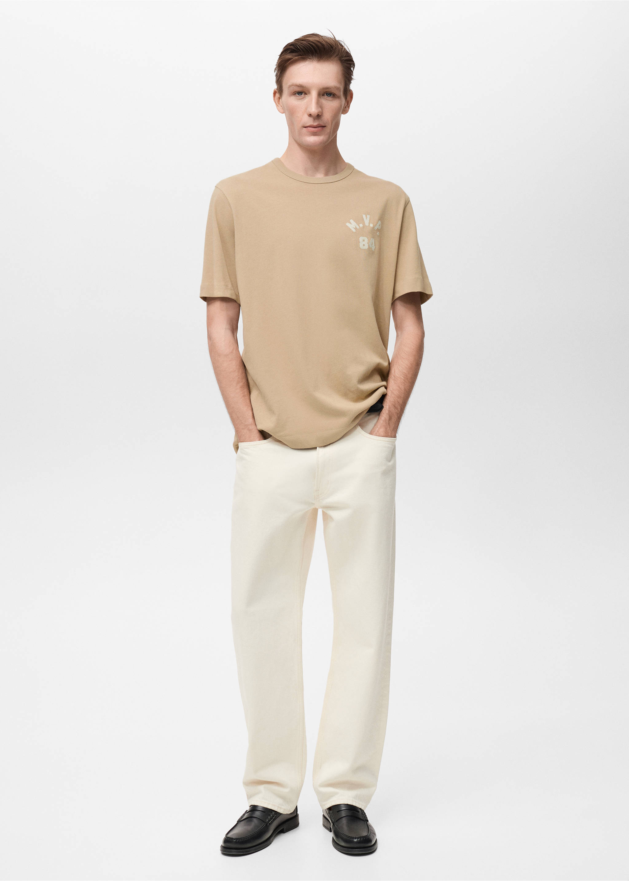 Embroidered detail cotton T-shirt - General plane, Beige. Ref: 87005945-00.
