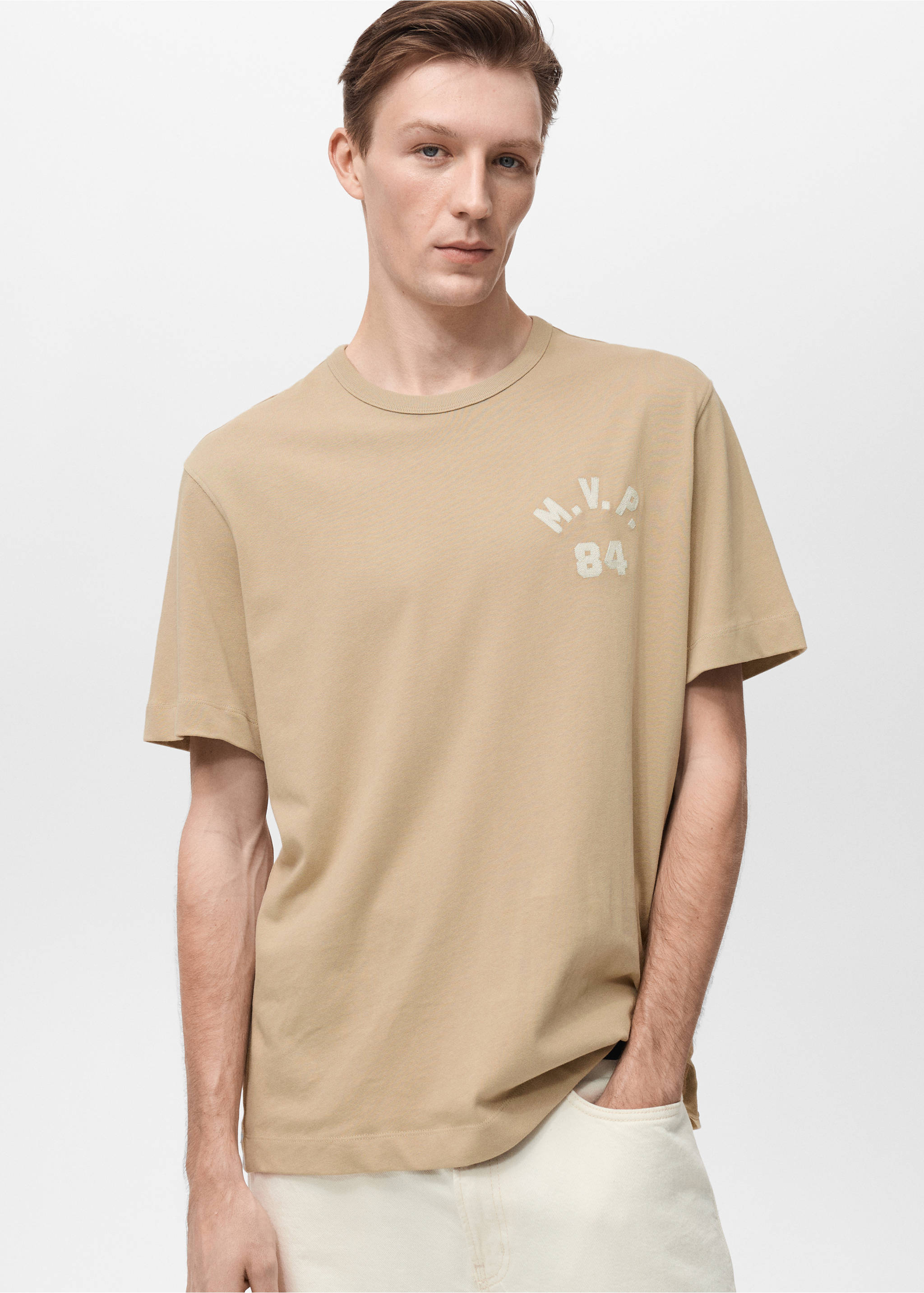 Embroidered detail cotton T-shirt - Medium plane, Beige. Ref: 87005945-00.