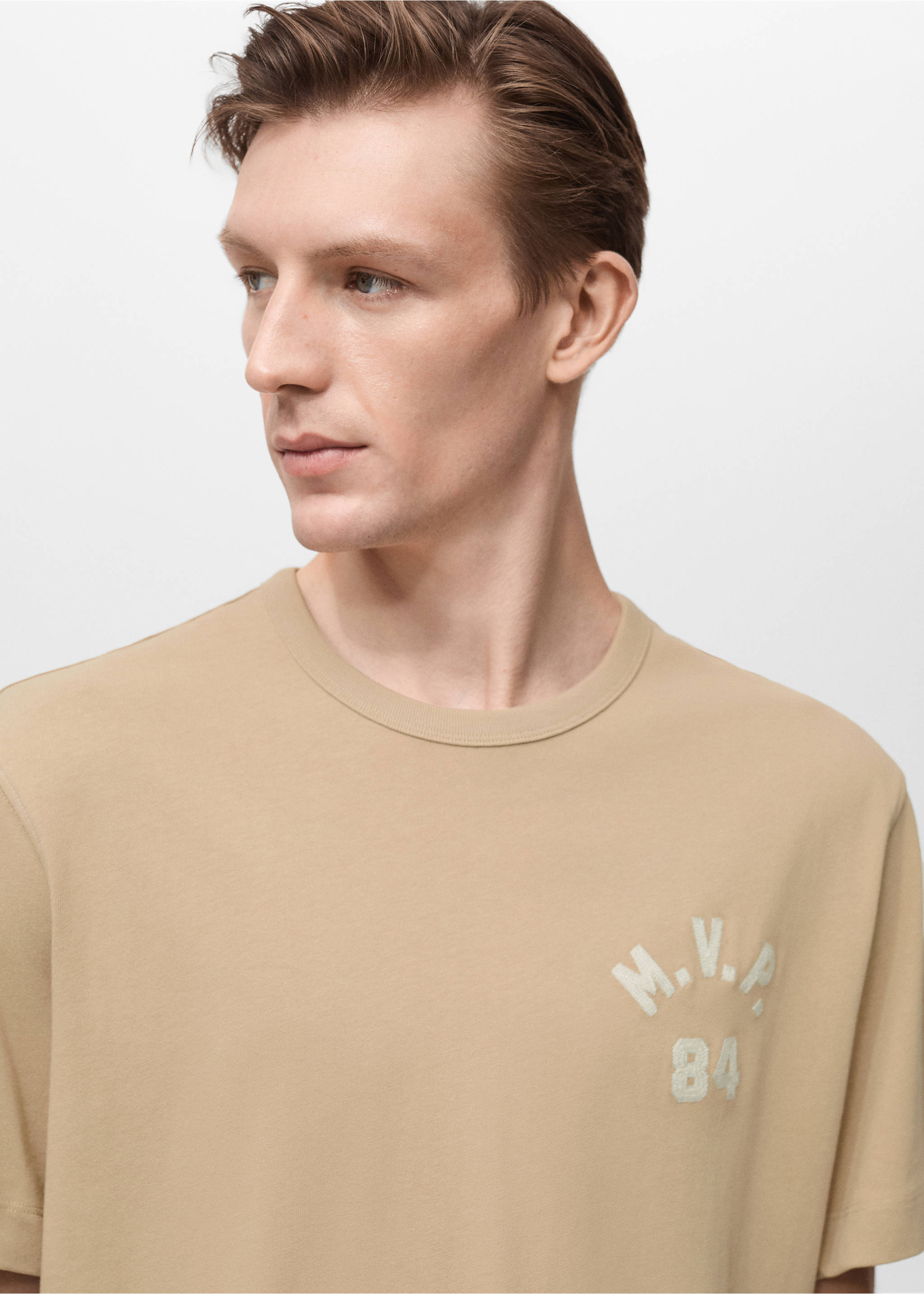 Embroidered detail cotton T-shirt - Details of the article 1, Beige. Ref: 87005945-00.