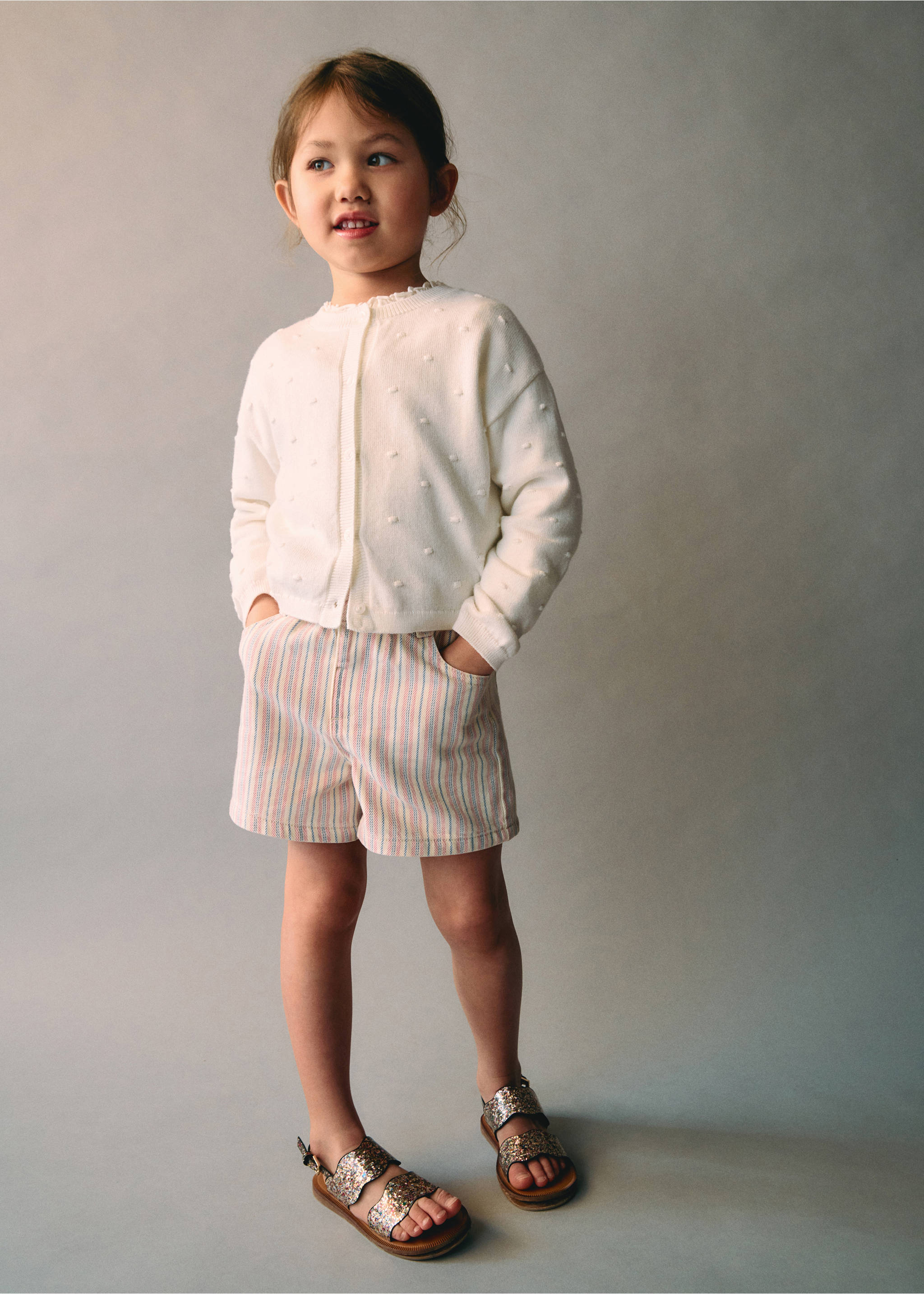 Striped denim shorts - Details of the article 5, Ecru. Ref: 87005953-00.