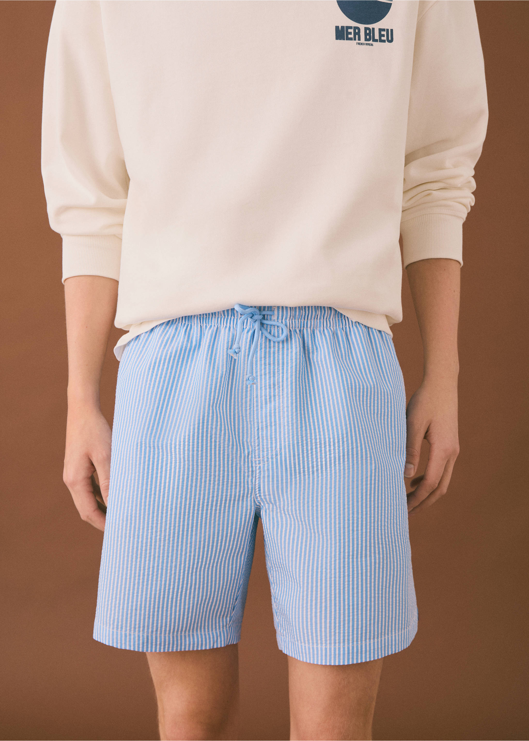 Striped drawstring swimsuit - Details of the article 1, Blue. Ref: 87005957-00.