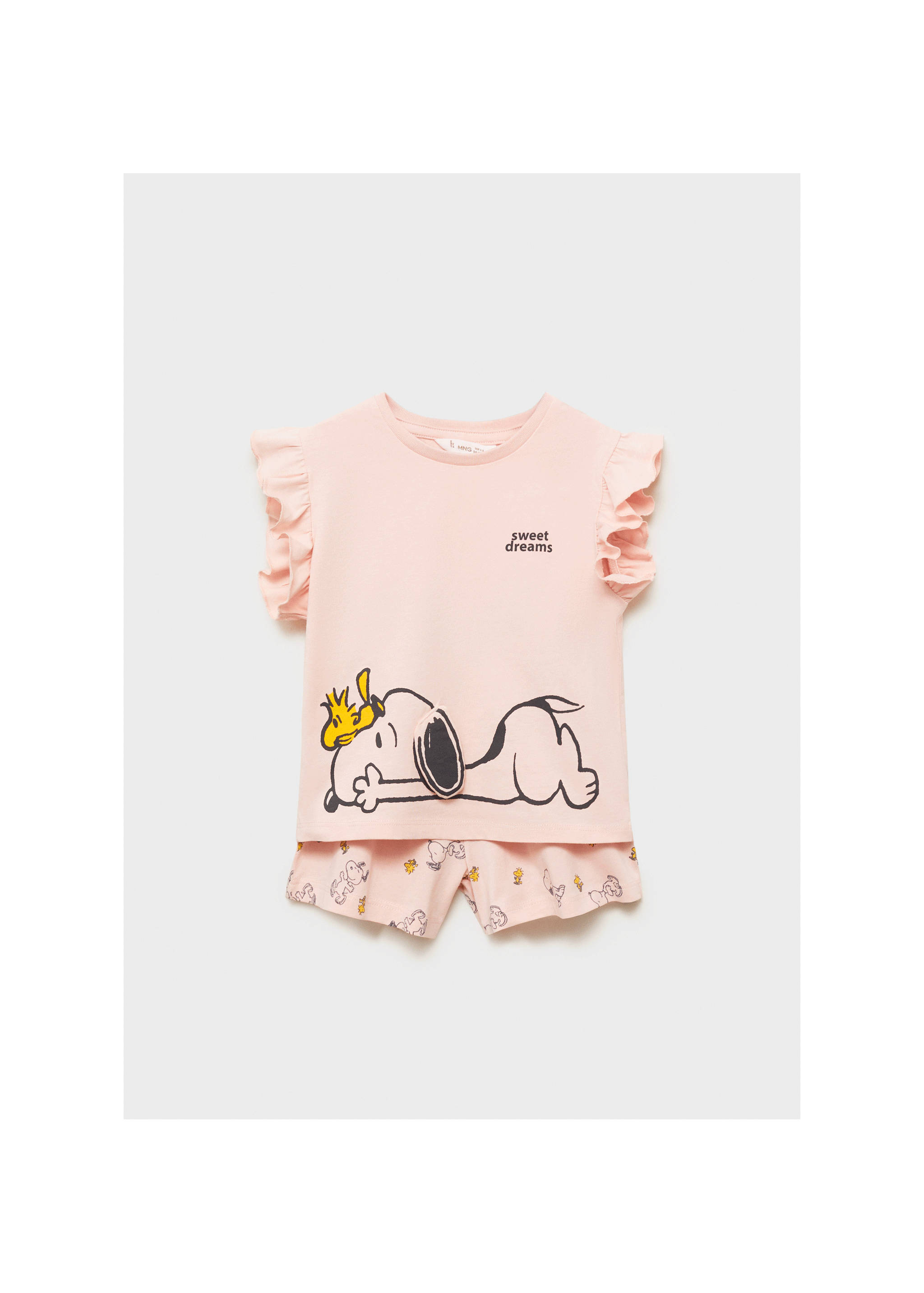 Pink Snoopy print pyjama set with ruffled cap-sleeve top and matching shorts., Pink. Ref: 87005983-00.