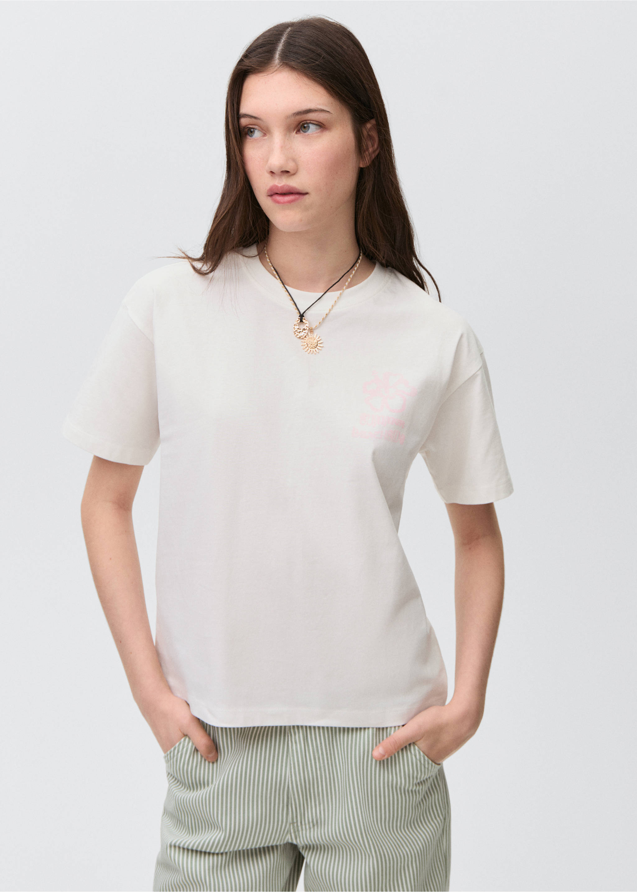 Camiseta algodón estampada - Plano medio, Blanco roto. Ref: 87006348-00.