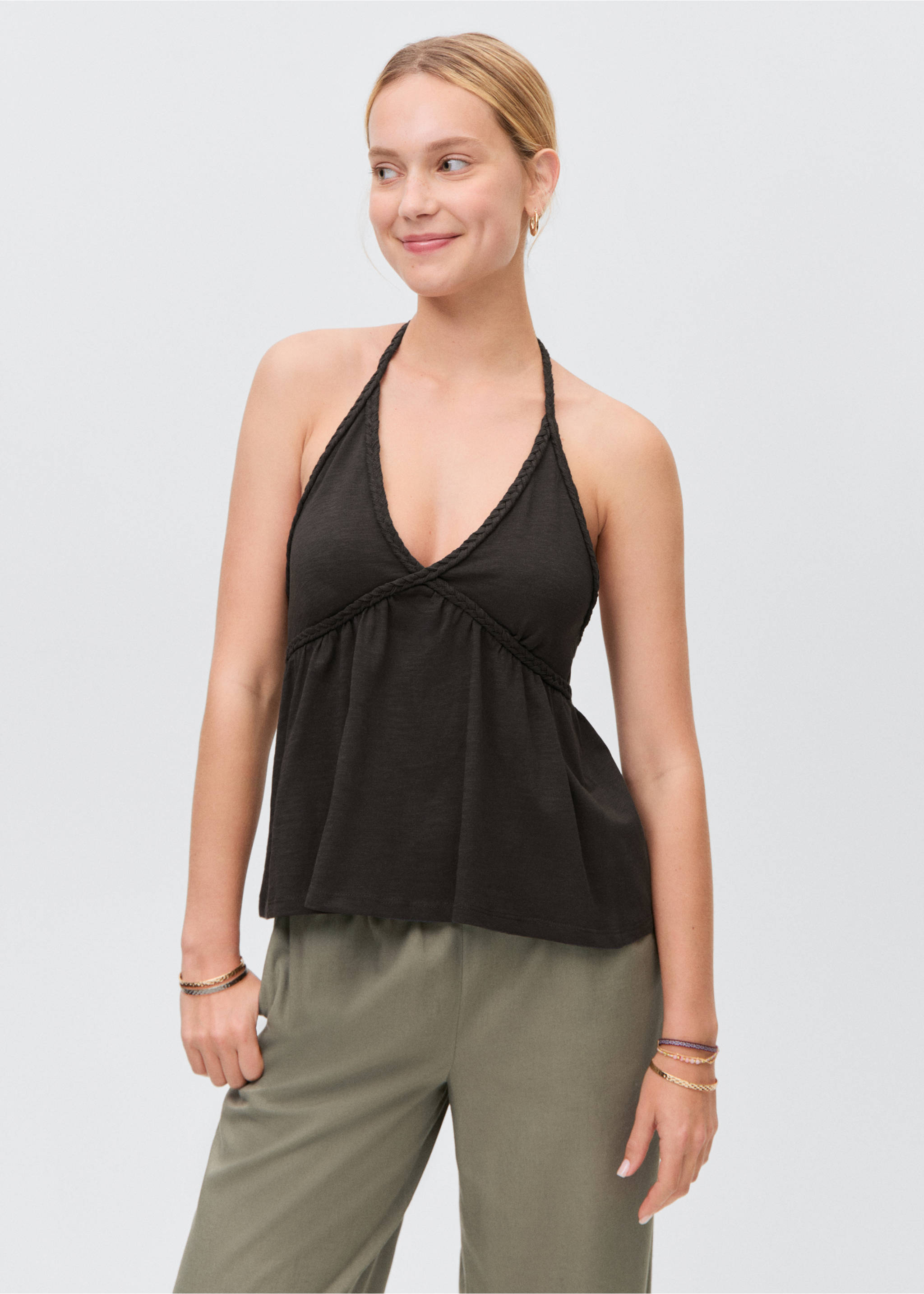 Gerade Leinenhose - Mittlere Ansicht, Khaki. Ref: 87006356-00.