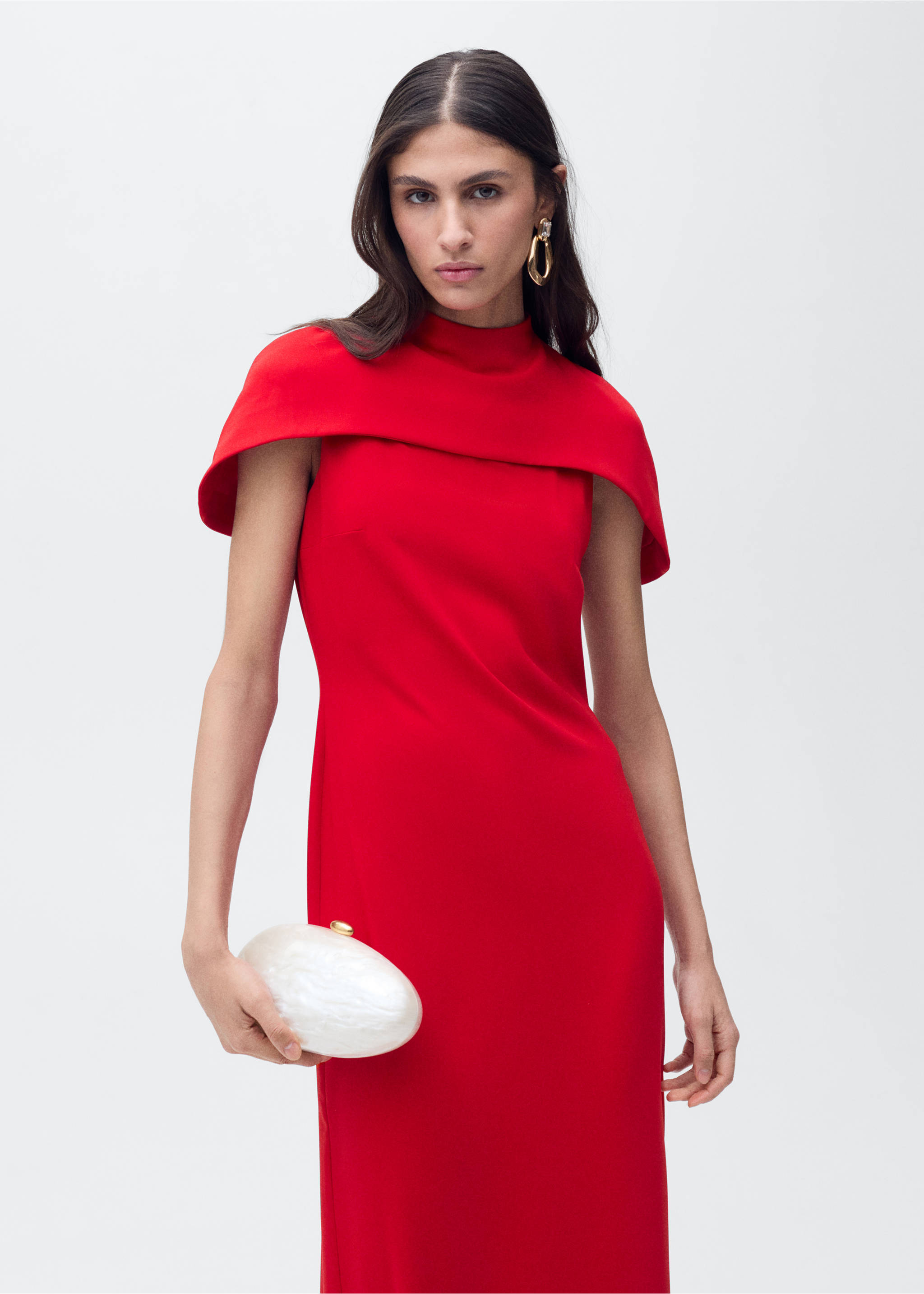 Gerade geschnittenes Kleid mit Umhangkragen - Mittlere Ansicht, Rot. Ref: 87006381-00.