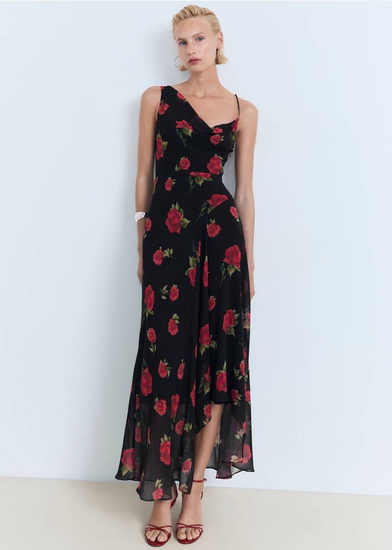 Long floral-print dress - Black