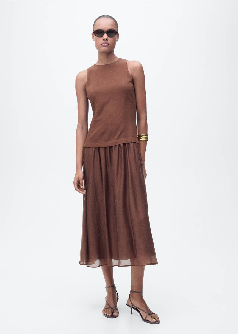 Combined fabric midi-dress - Brown