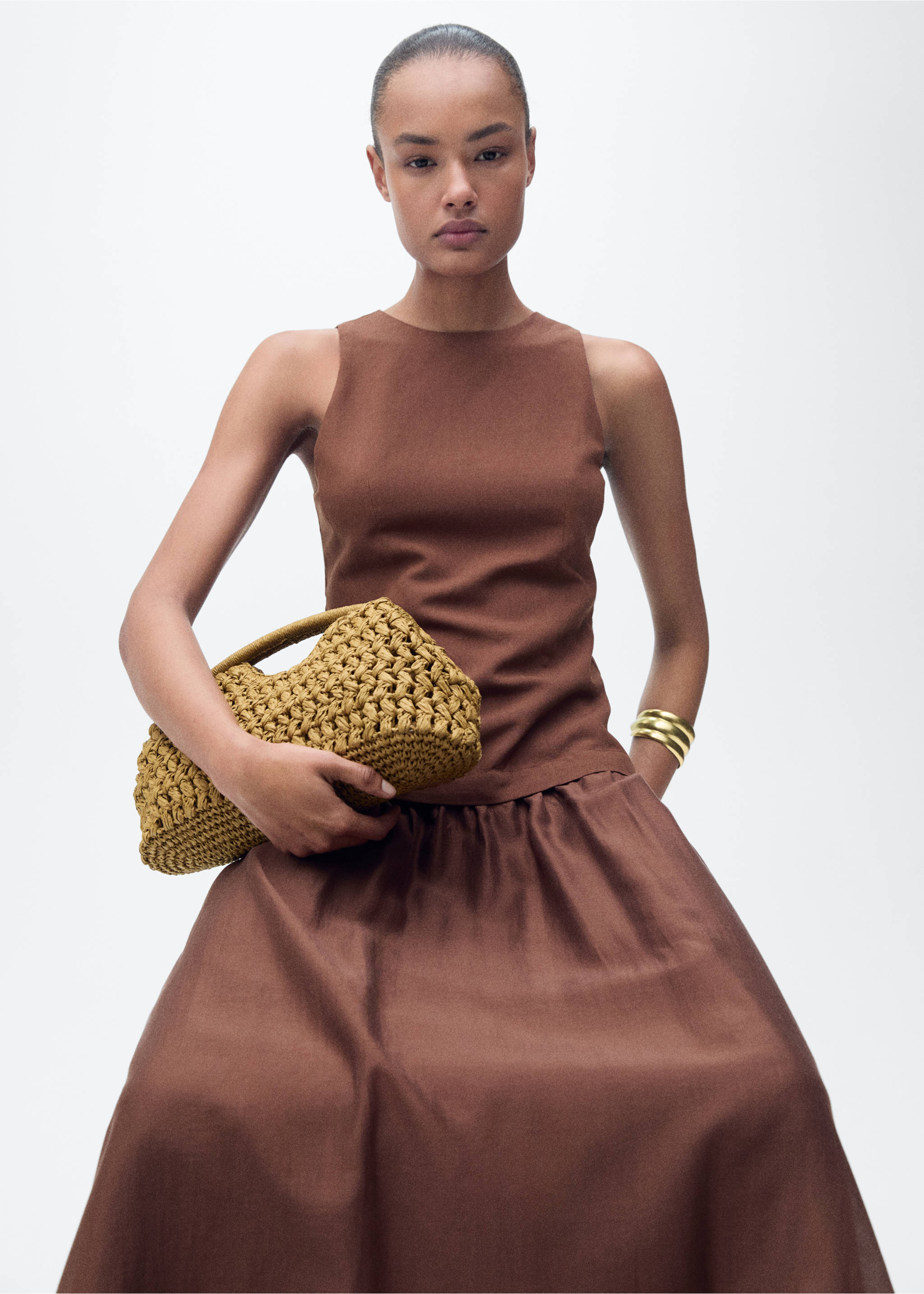 Combined fabric midi-dress - Details of the article 2, Brown. Ref: 87007192-00.