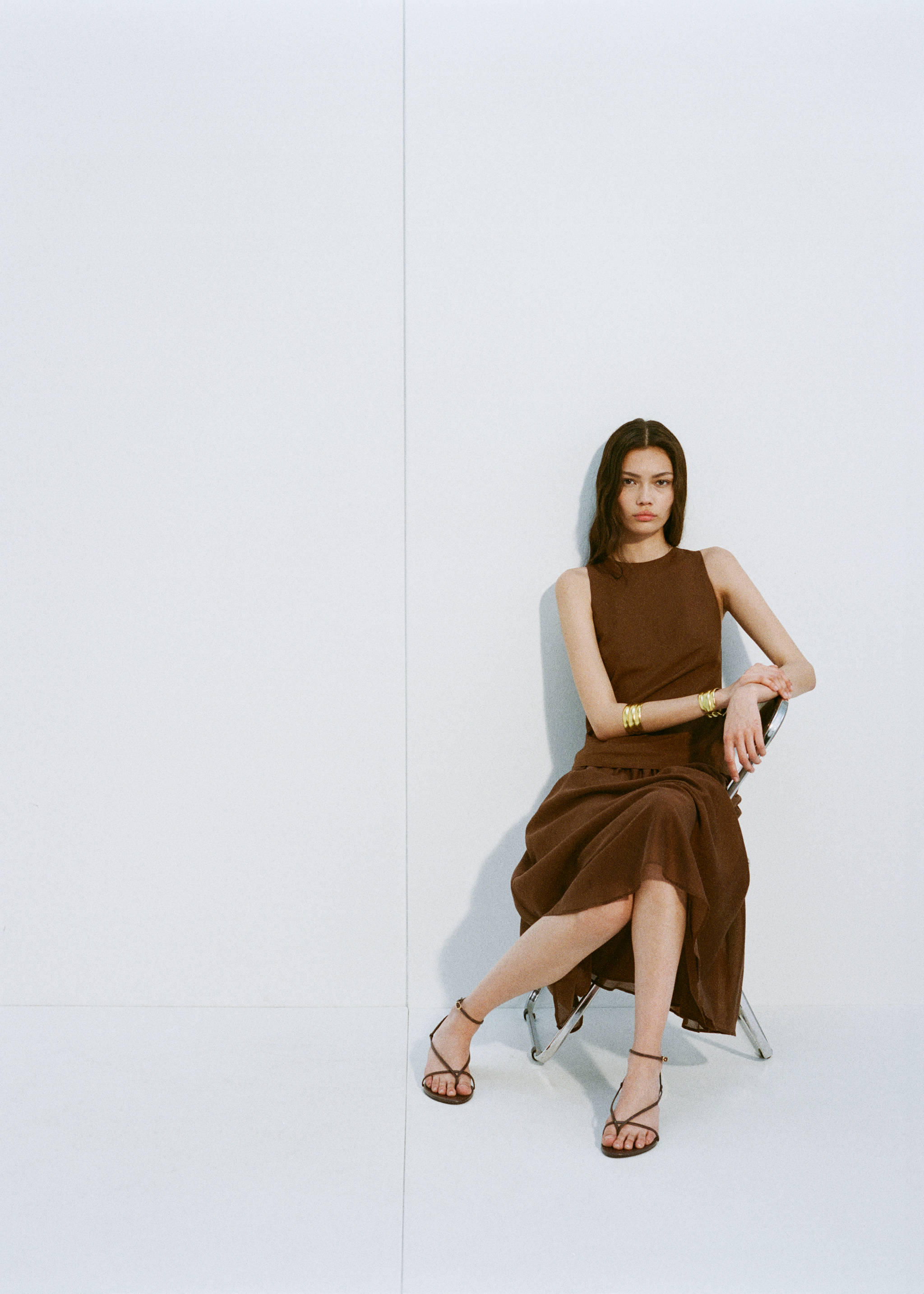 Combined fabric midi-dress - Details of the article 7, Brown. Ref: 87007192-00.