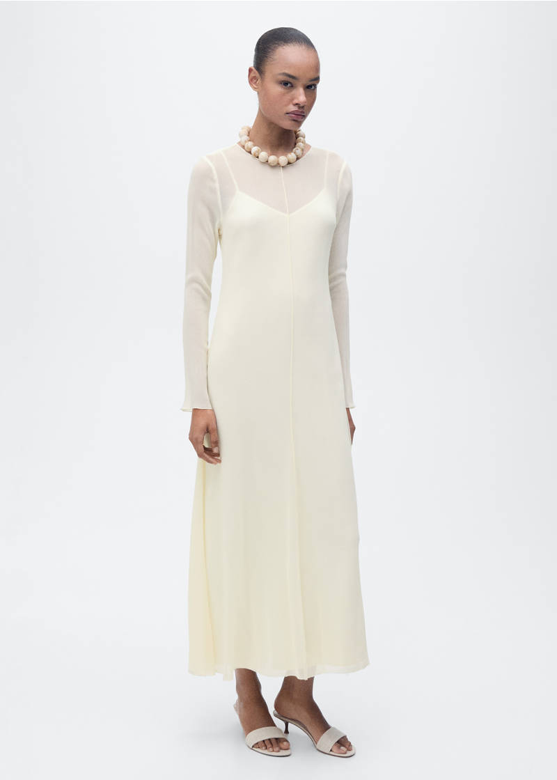 Vestido combinado semitransparente - Ecru